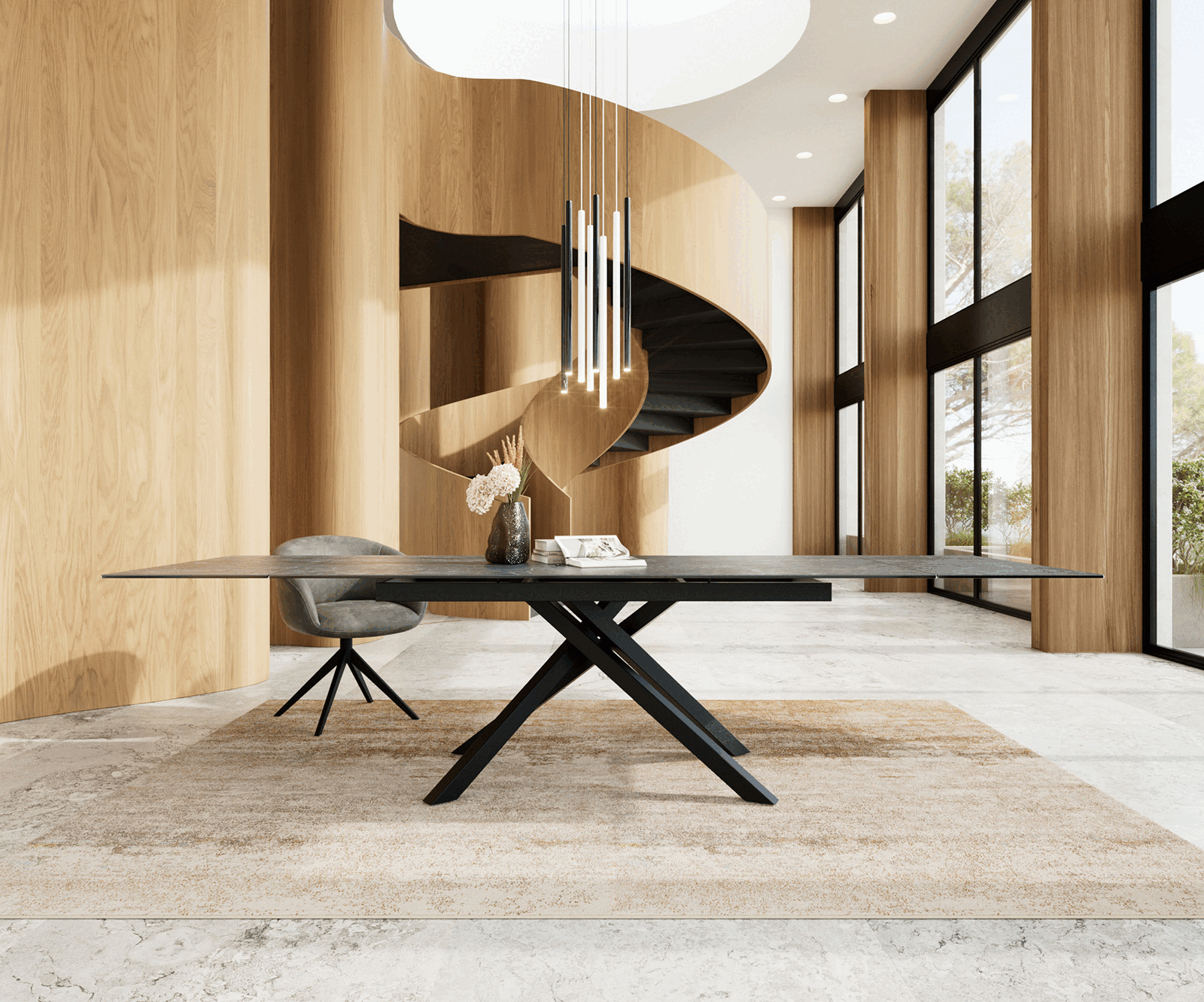 Eetkamertafel Edge 200-300x100 keramiek Laminam®Nero Greco grijs kruisframe rechthoek zwart uitschuifbaar 2