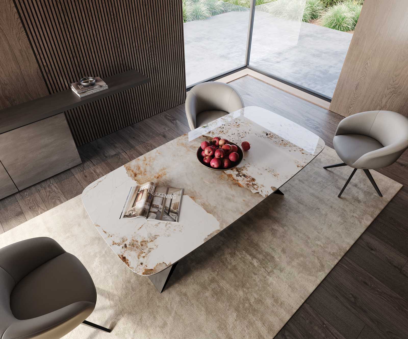 Eetkamertafel Edge Boot 200x100 keramiek Minas Melange wit-beige V-frame vlak staal zwart 4