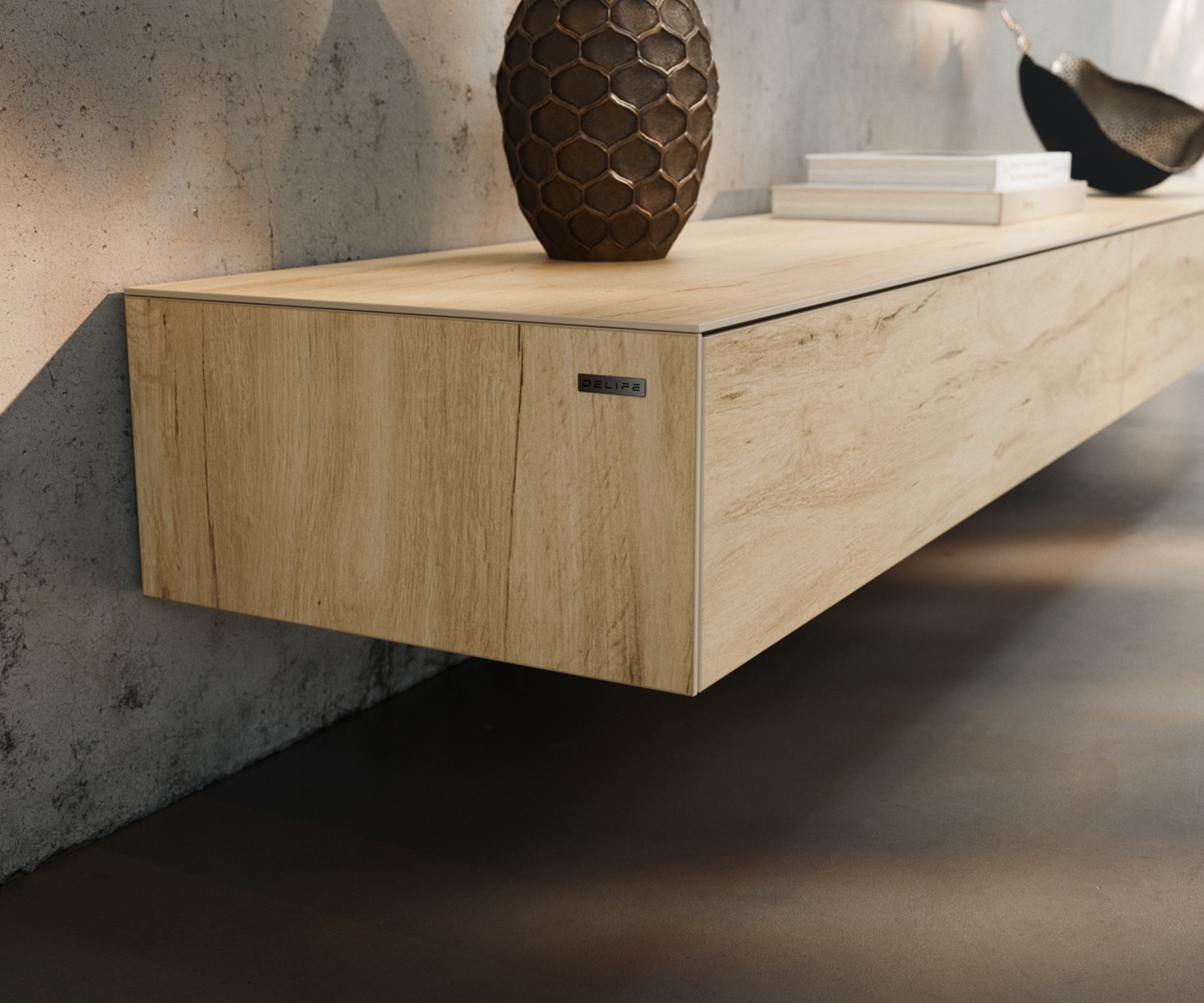 Tv-meubel Cuor 250 cm Keramiek Laminam® Sabbia Eiken gekleurd 1 Flap 1 Lade Zwevende voet look Roestvrij staal 6