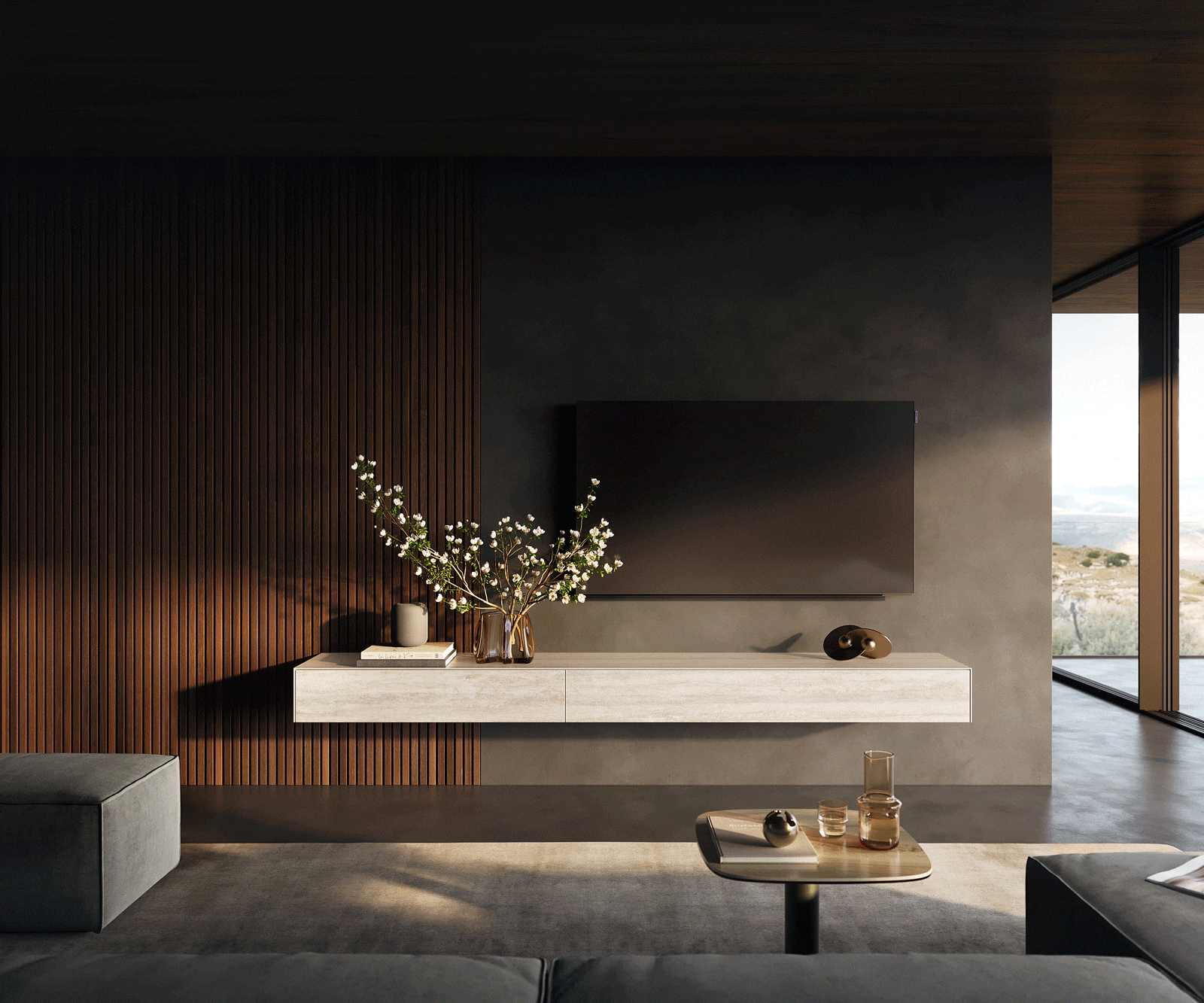 Tv-meubel Cuor 250 cm Keramiek Laminam® Travertino Bianco Crème-wit 1 Flap 1 Lade Zwevend 2