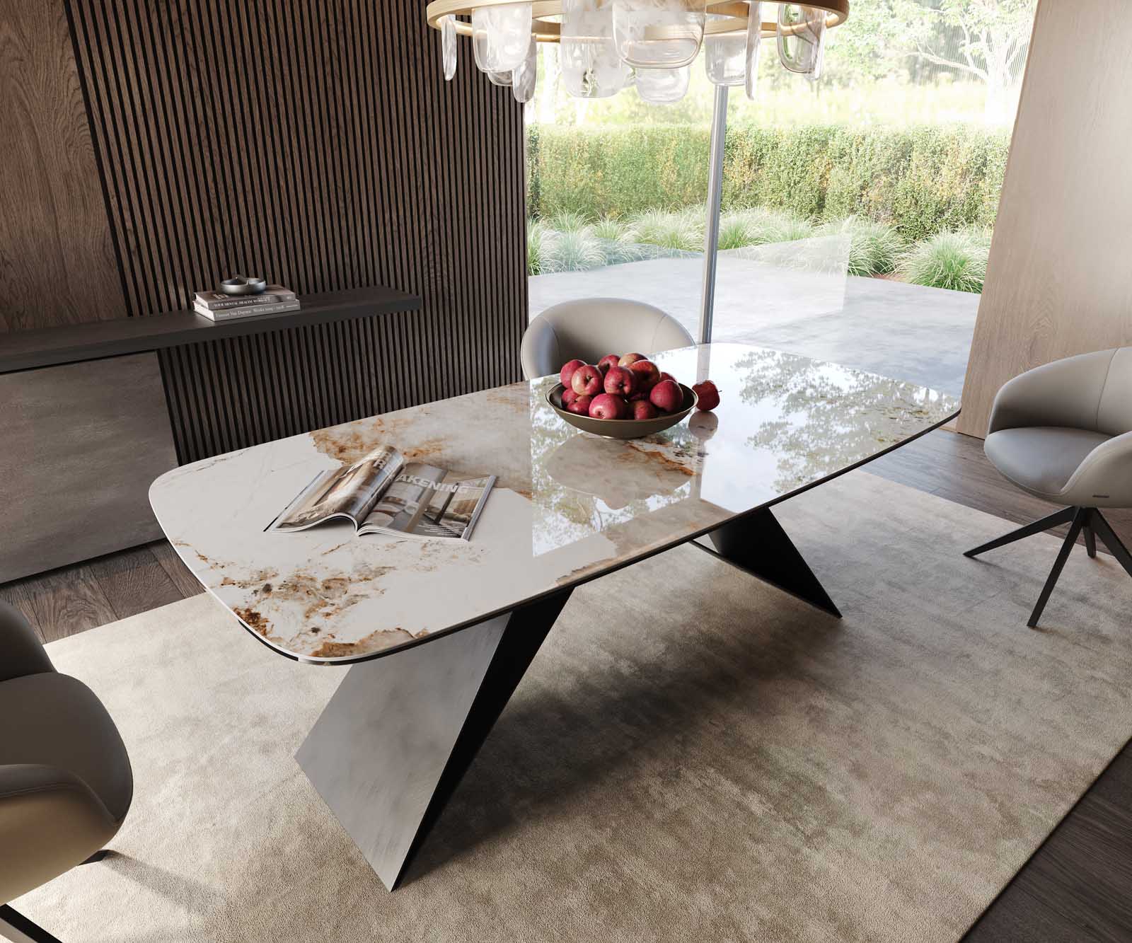 Eetkamertafel Edge Boot 200x100 keramiek Minas Melange wit-beige V-frame vlak staal zwart