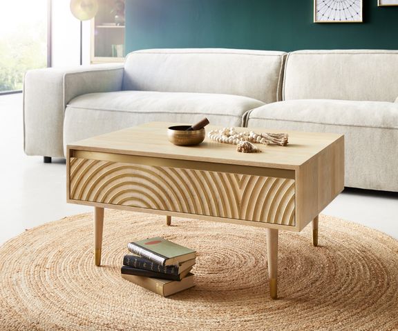 Salontafel Budaya mango natuur 80x60 cm 2 schuifladen poot rond 3 Salontafel Budaya mango natuur 80x60 cm 2 schuifladen poot rond 3