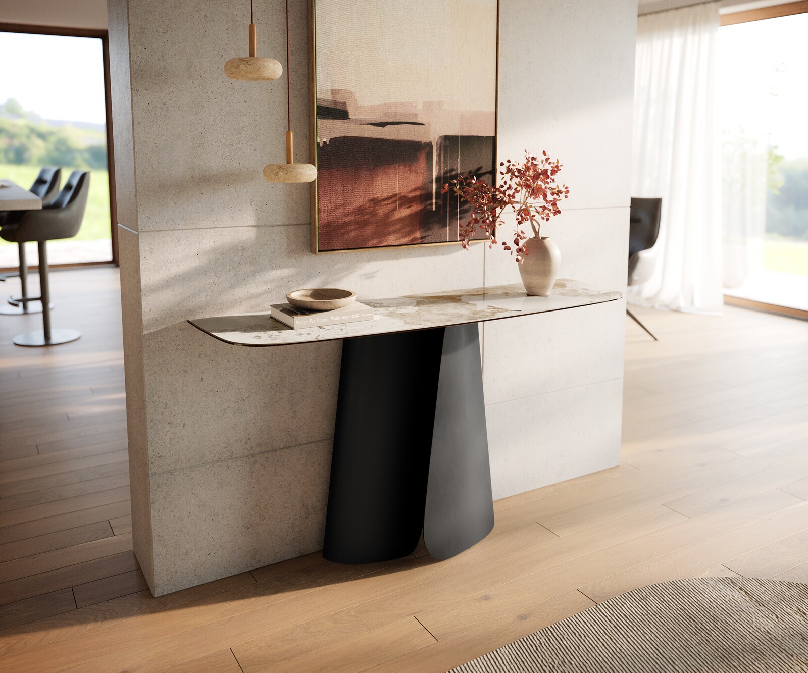 Consoletafel Edge Bootvorm 140x40 cm Keramiek Minas Melange Weiß-Beige Livos Metaal Zwart 1