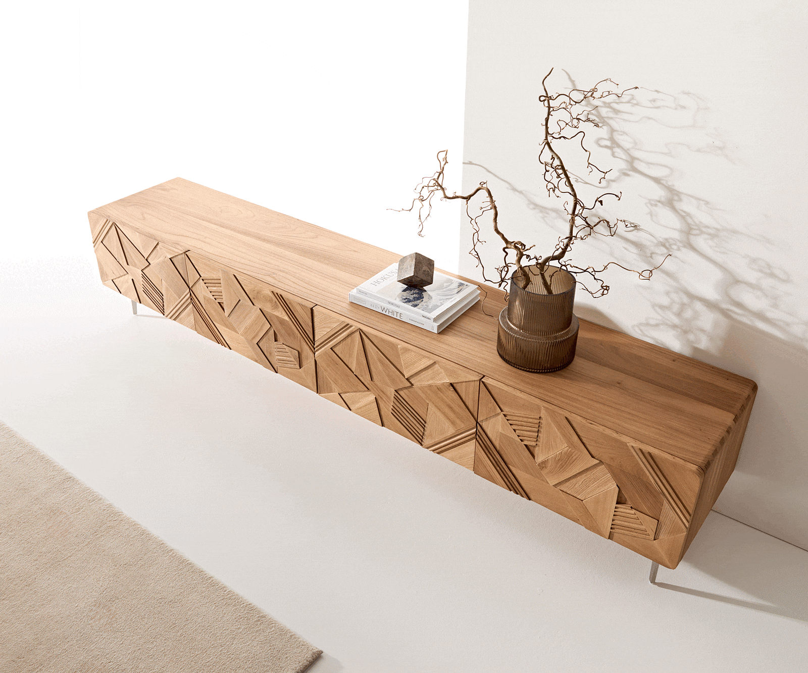 Tv-meubel Eldoria 220 cm natuur iep 3D effect 2 deuren 2 laden hoekonderstel rvs 6 Tv-meubel Eldoria 220 cm natuur iep 3D effect 2 deuren 2 laden hoekonderstel rvs 6