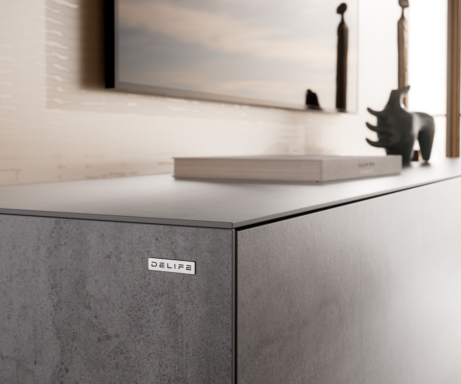 Tv-meubel Cuor 220 cm Keramiek Beton Grijs 1 Flap 2 Laden Zwevende voet look Acrylglas 6