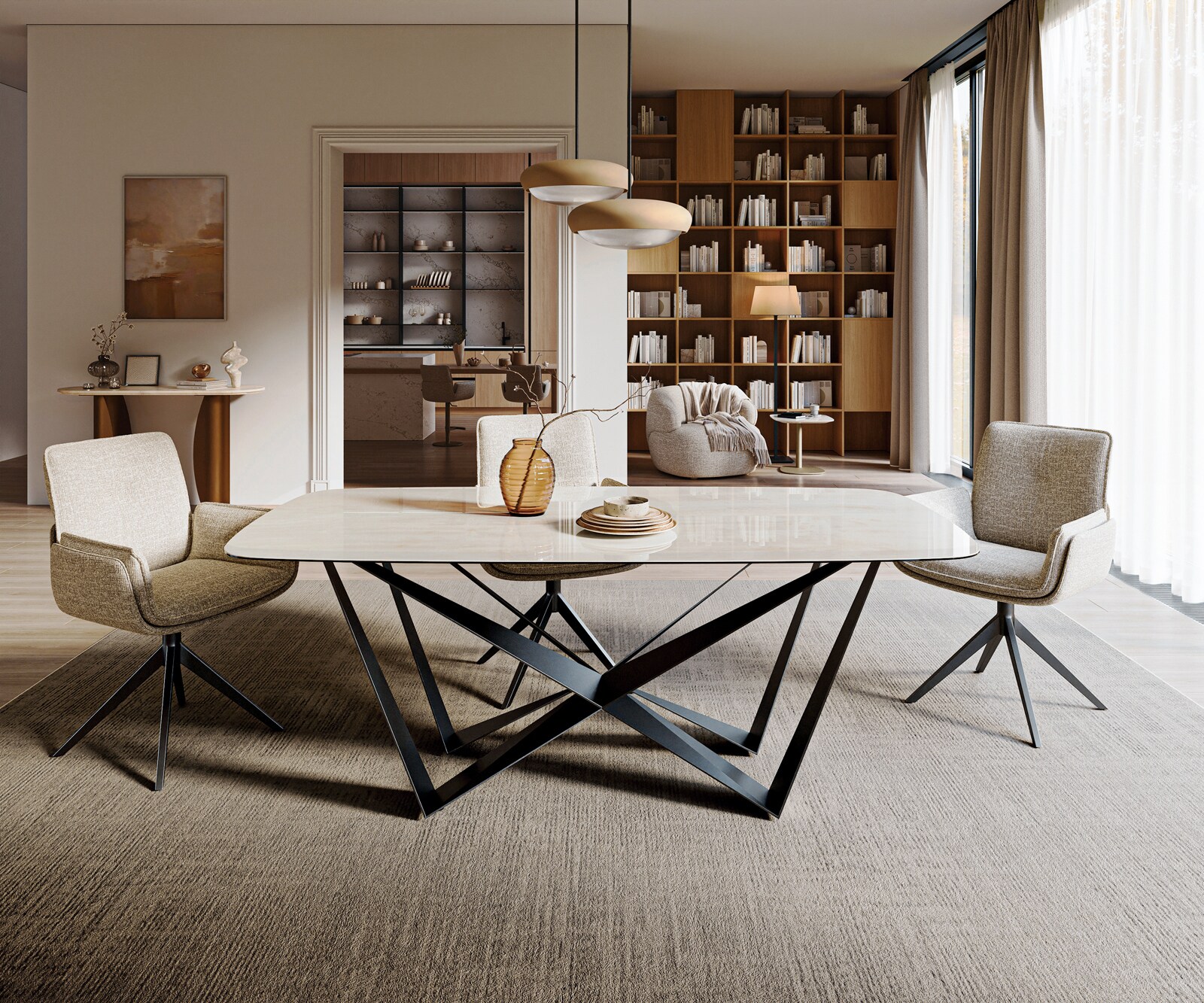 Eettafel Edge boot 200x100 cm keramiek Onyx Champagne Spider platstaal zwart 1