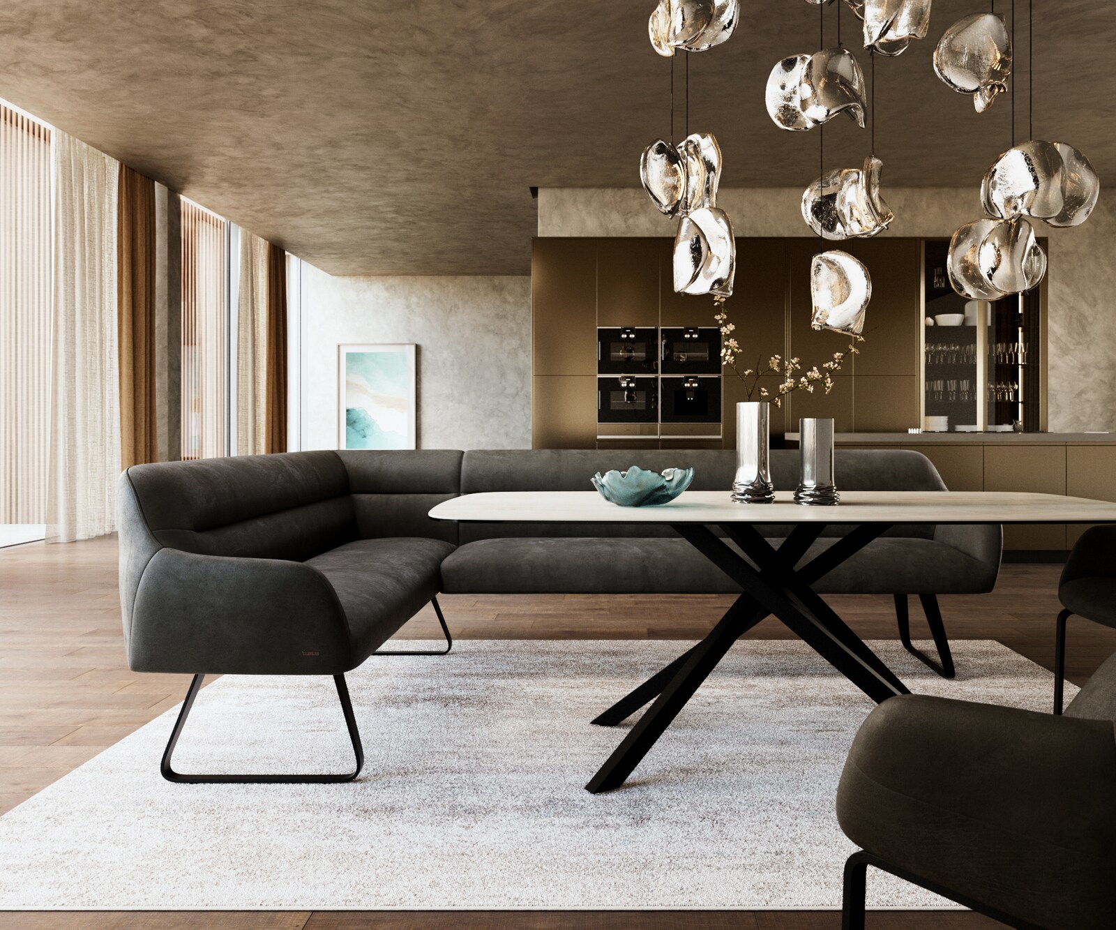 Eetkamerbank Taya-Flex 285x190 cm microvelours anthraciet vintage platte sledebasis zwart pocketvering rechts 2