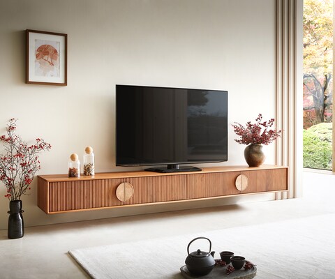 Tv-meubel Surimu 240 cm acacia lichtbruin 4 deuren kurk greep zwevend