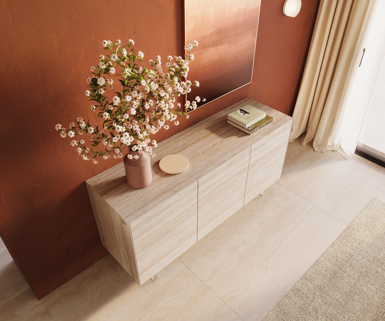 Dressoir Cuor 150 cm Keramiek Laminam® Travertino Bianco Crème-wit 3 Deuren Zwevende voet look Acrylglas 4