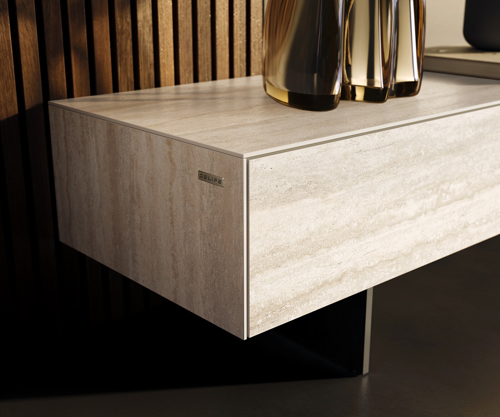 Tv-meubel Cuor 200 cm Keramiek Laminam® Travertino Bianco Crème-wit 1 Flap 1 Lade Zwevende voet look Metaal Zwart 5