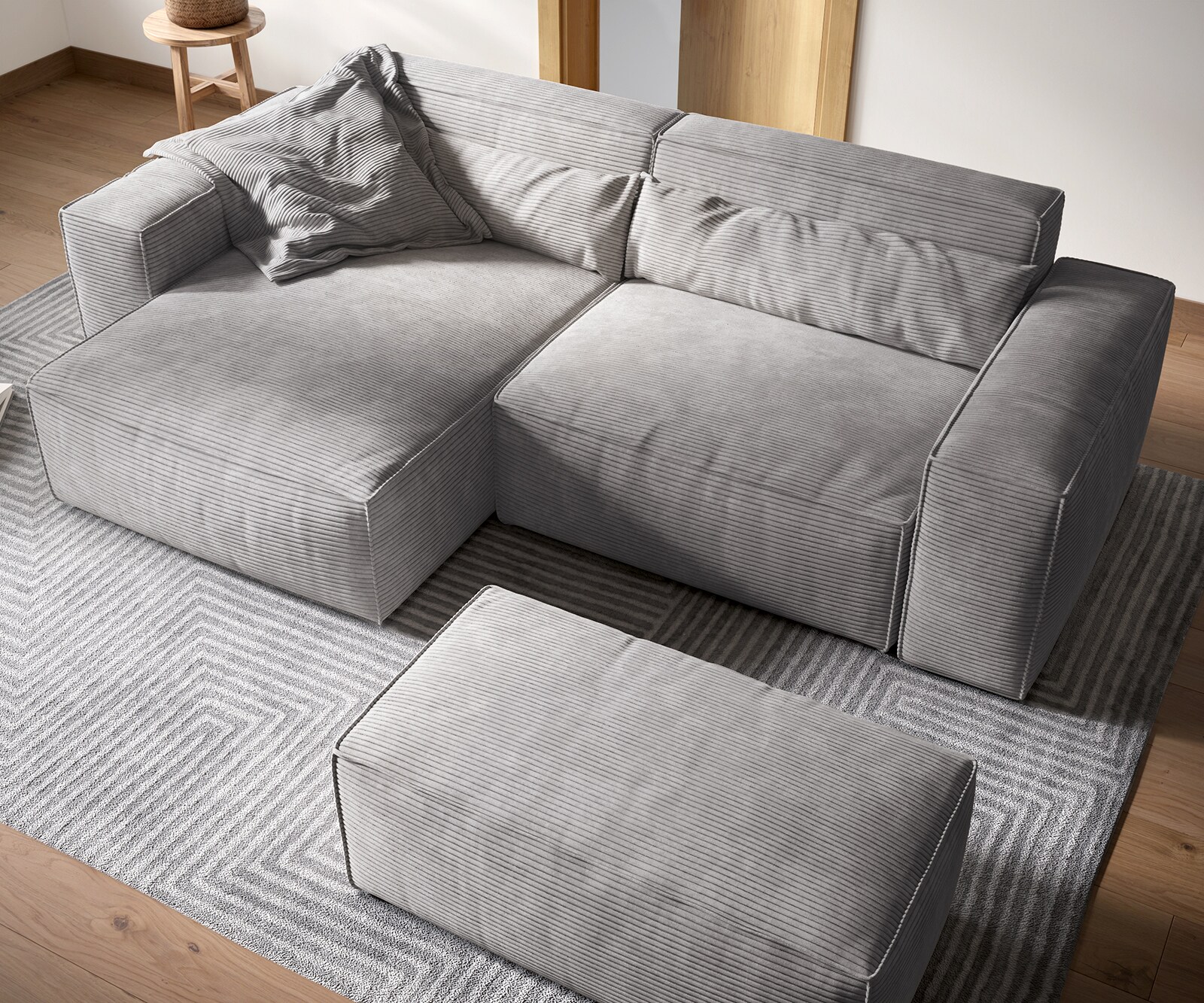 Hoekbank Sirpio XL 270x170 cm koord zilvergrijs recamiere variabel met kruk 3