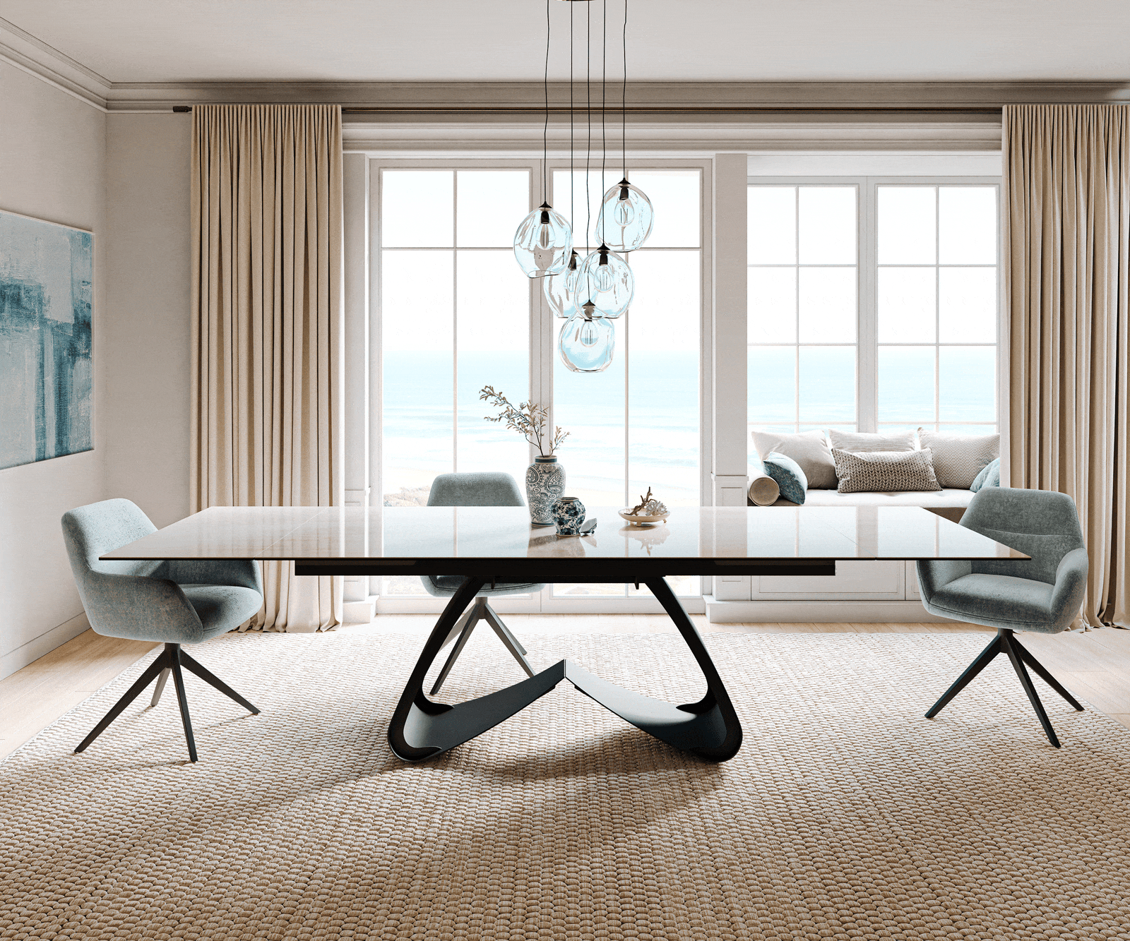 Eettafel Edge 200-300x100 cm keramiek Onyx Champagne W-onderstel metaal zwart uittrekbaar 2