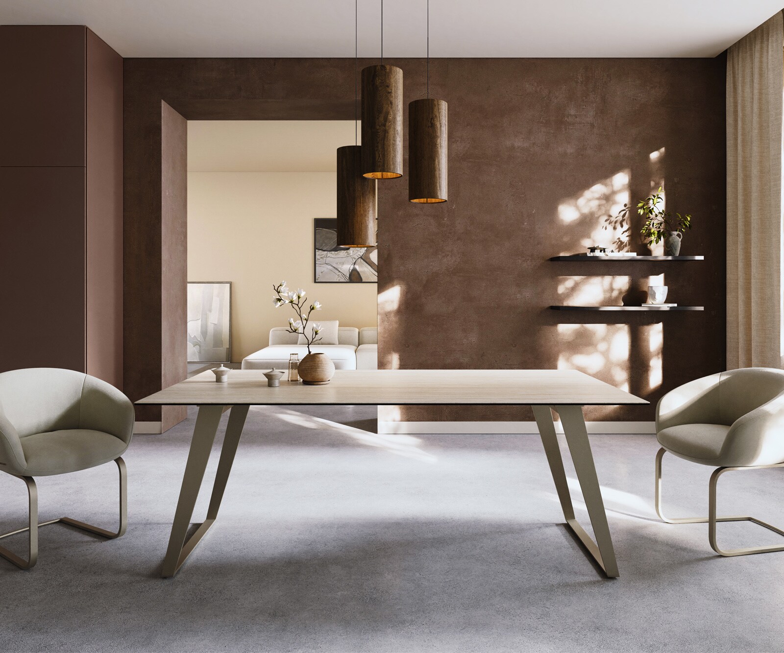 Eettafel Edge 200x100 keramiek  Laminam® Travertino Bianco Creme-wit metaal schuin effectafwerking Titan 1