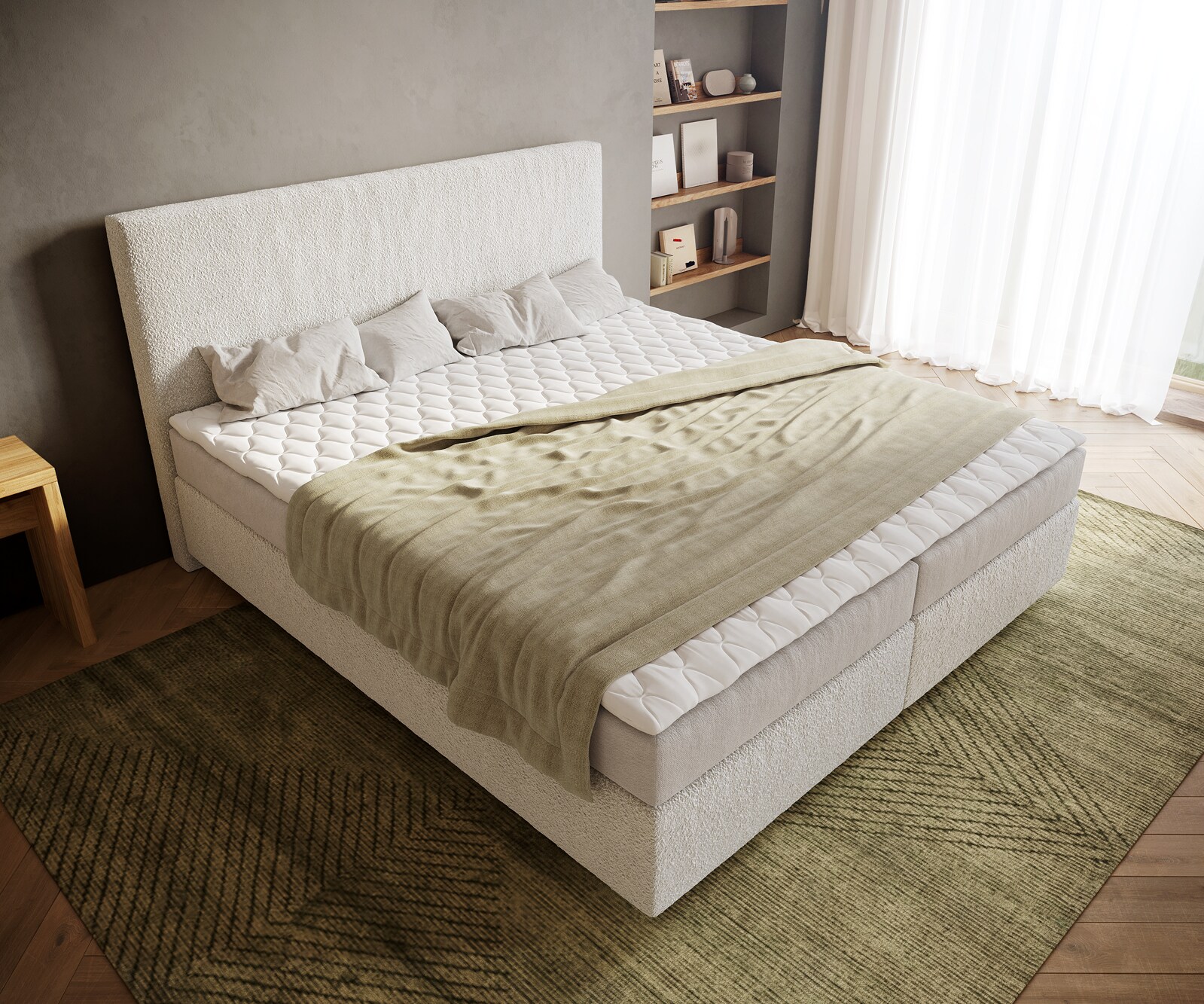 Boxspringbed Dream-Well 180x200 cm Bouclé Crème-Wit met Matras en Topper 3