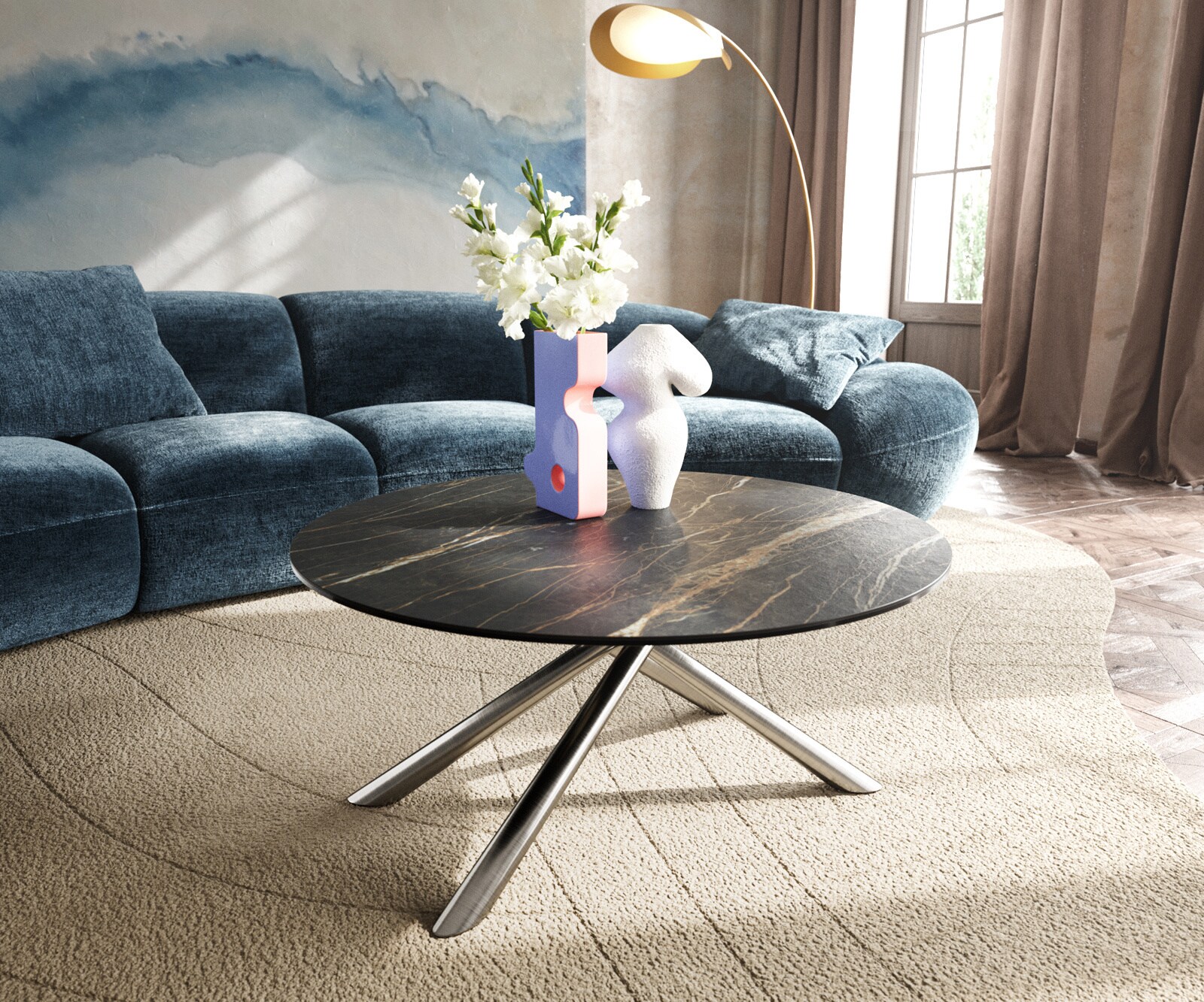 Salontafel Edge rond 90x90 cm keramiek Laminam® Noir Desir bruin Sarity geborsteld roestvrij staal