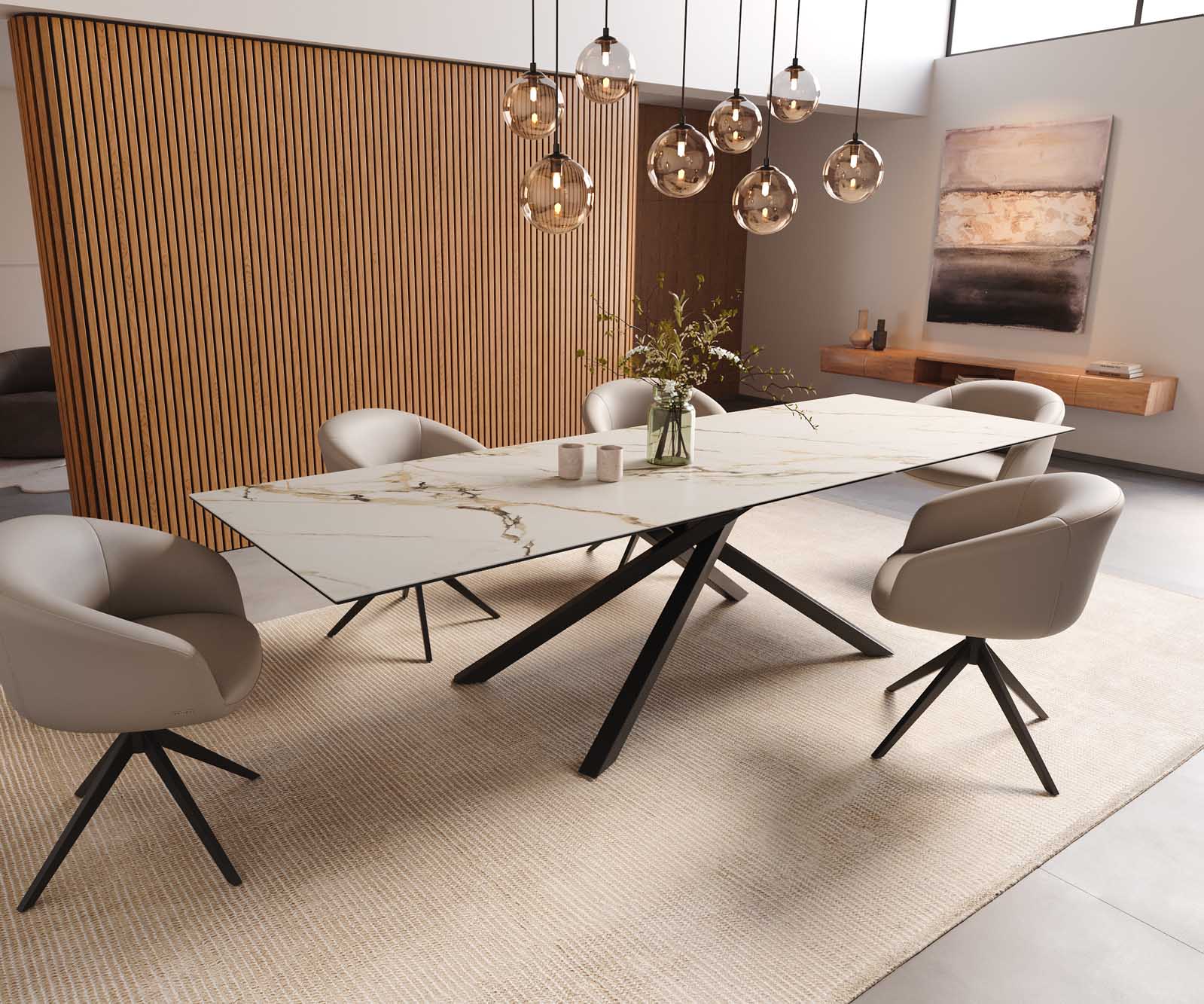Eetkamertafel Edge 300x100 keramiek Calacatta Luxe wit-goud-grijs kruisframe rechthoek zwart 8