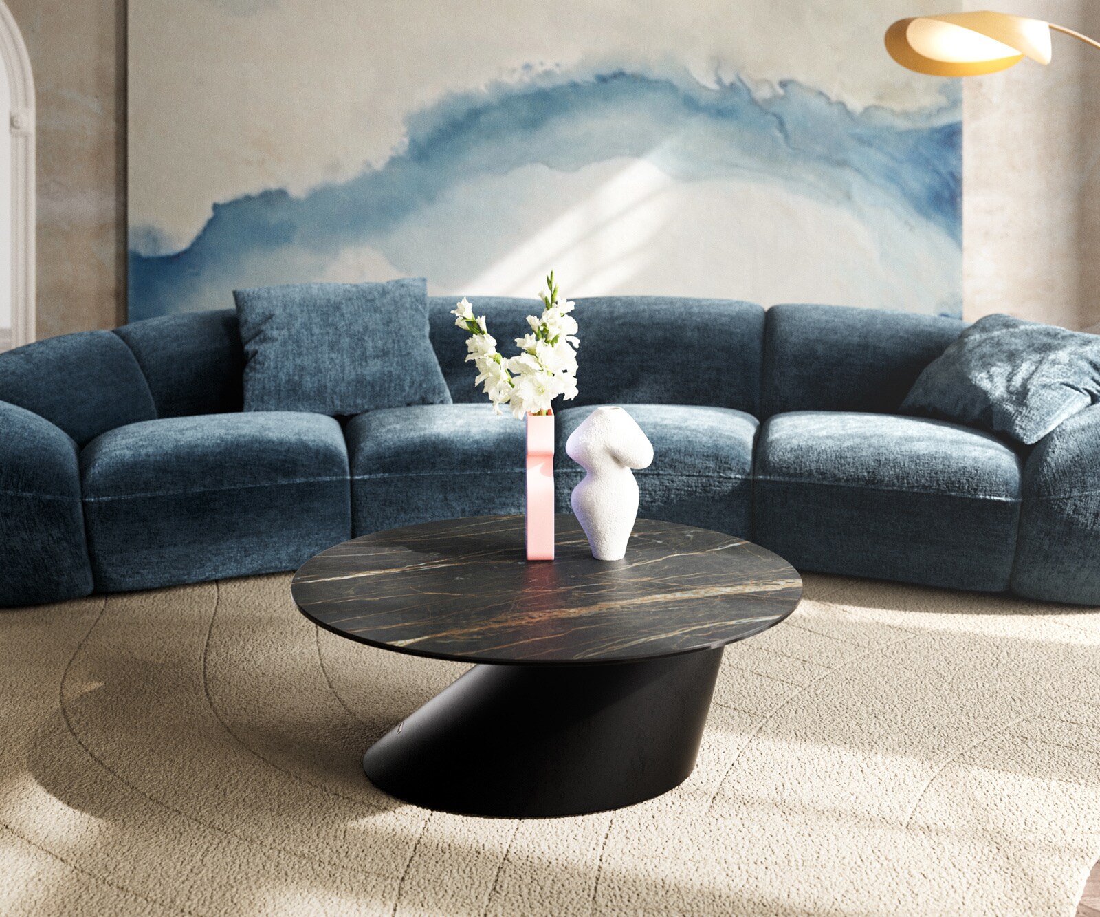 Salontafel Edge rond 90x90 cm keramiek Laminam® Noir Desir bruin Conis zwart metaal 2