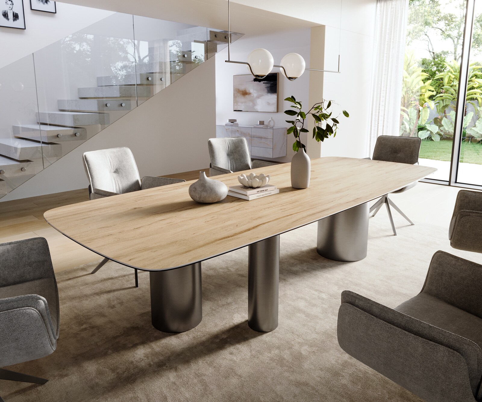 Eettafel Edge Boot 300x120 cm Keramiek Laminam® Sabbia Eichefarbig Troa Roestvrij staal Grafiet 1