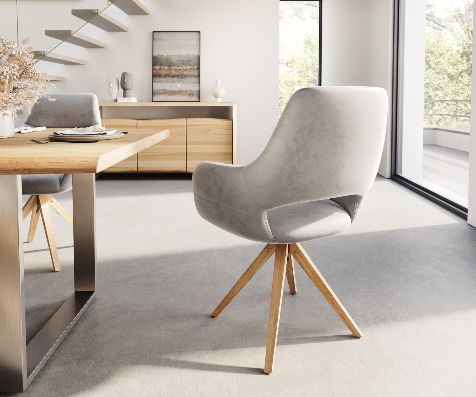 Eetkamerstoel Yago-Flex met armleuning fluweel grijs houten frame hoekig natuur pocketveer kern 4 Eetkamerstoel Yago-Flex met armleuning fluweel grijs houten frame hoekig natuur pocketveer kern 4