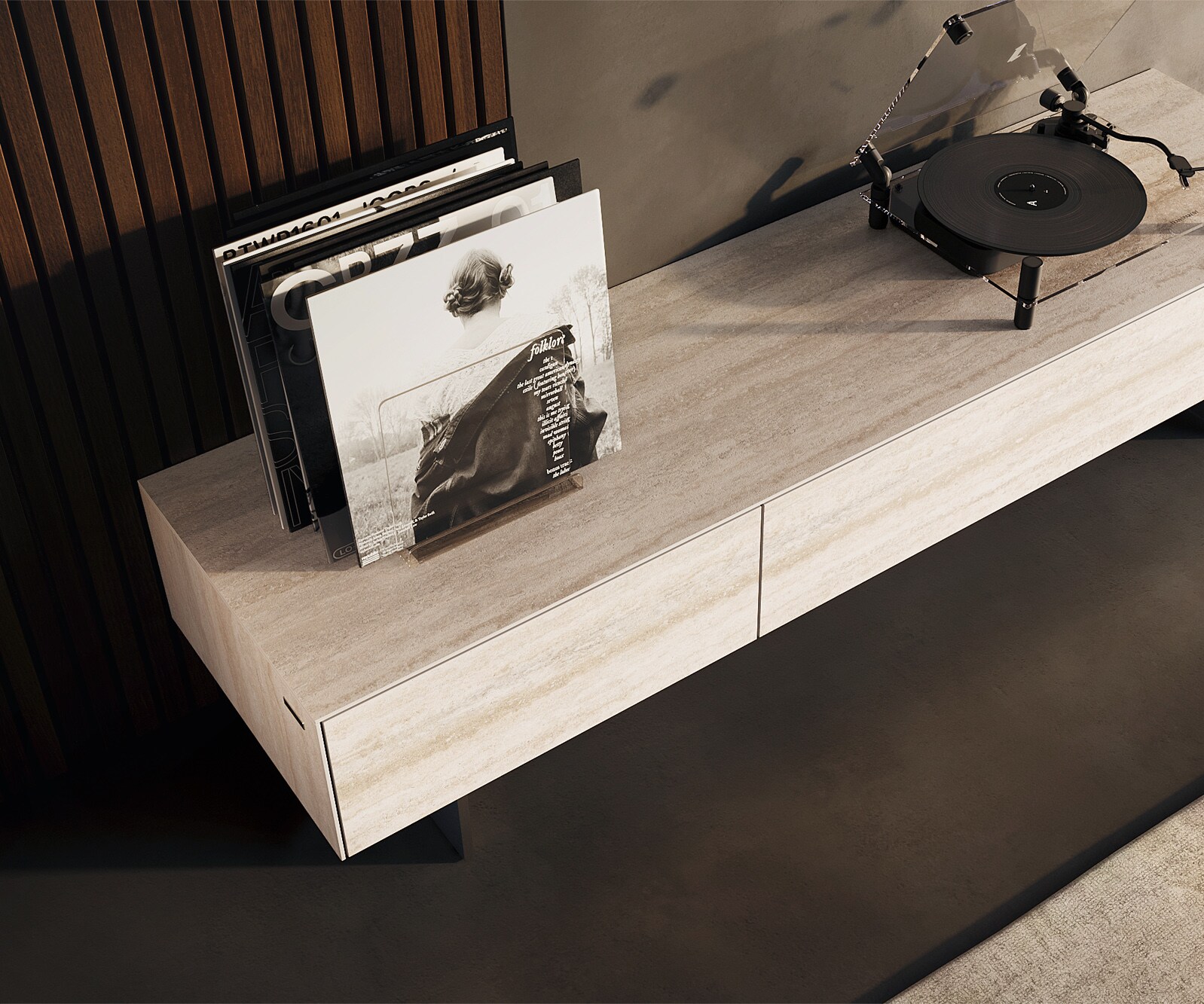 Tv-meubel Cuor 150 cm Keramiek Laminam® Travertino Bianco Crème-wit 1 Flap 1 Lade Zwevende voet look Roestvrij staal 3