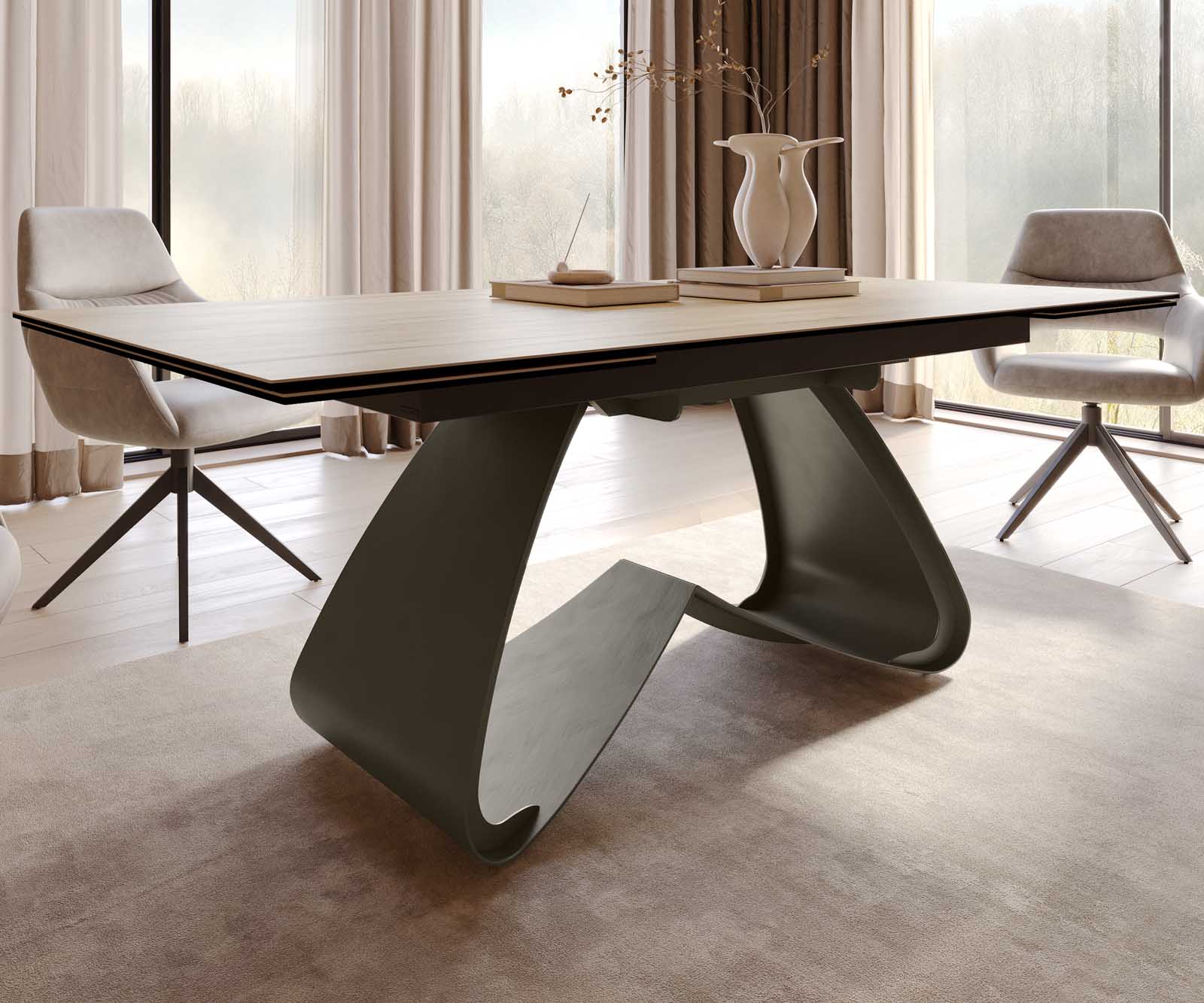 Eettafel Edge 200-300x100 Keramiek Laminam® Sabbia Eikenkleur W-vorm Effectafwerking Titanium Uitschuifbaar 7