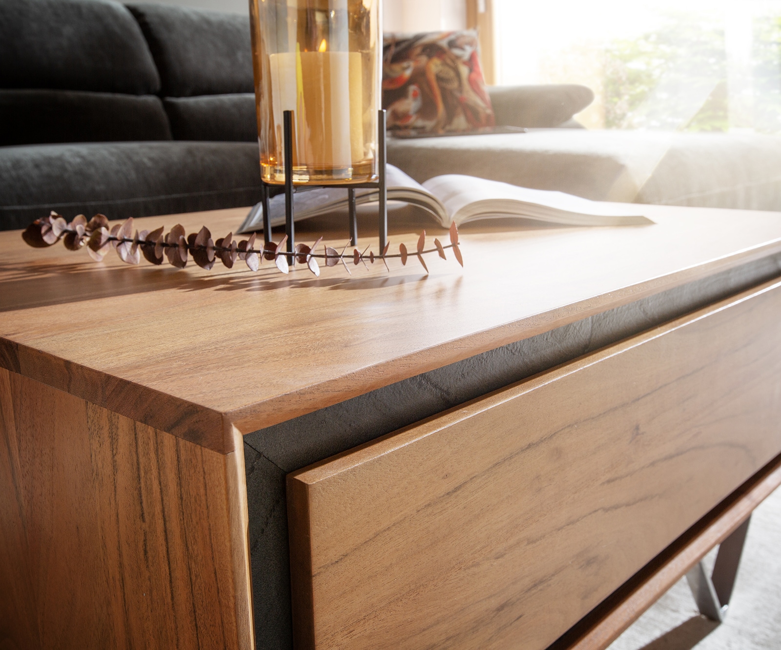 Salontafel Stonegrace 80x60 acacia natuur 2 laden steen fineer V-poot 3 Salontafel Stonegrace 80x60 acacia natuur 2 laden steen fineer V-poot 3