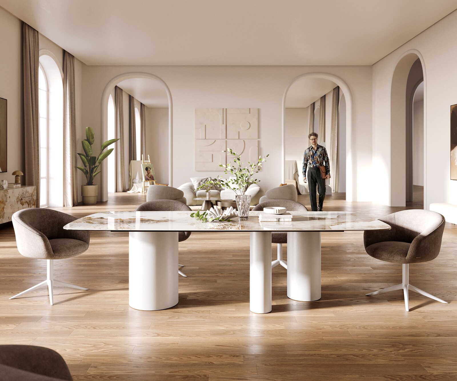 Eettafel Edge Boot 260x120 cm Keramiek Minas Melange Wit-Beige Troa Metaal Wit 1