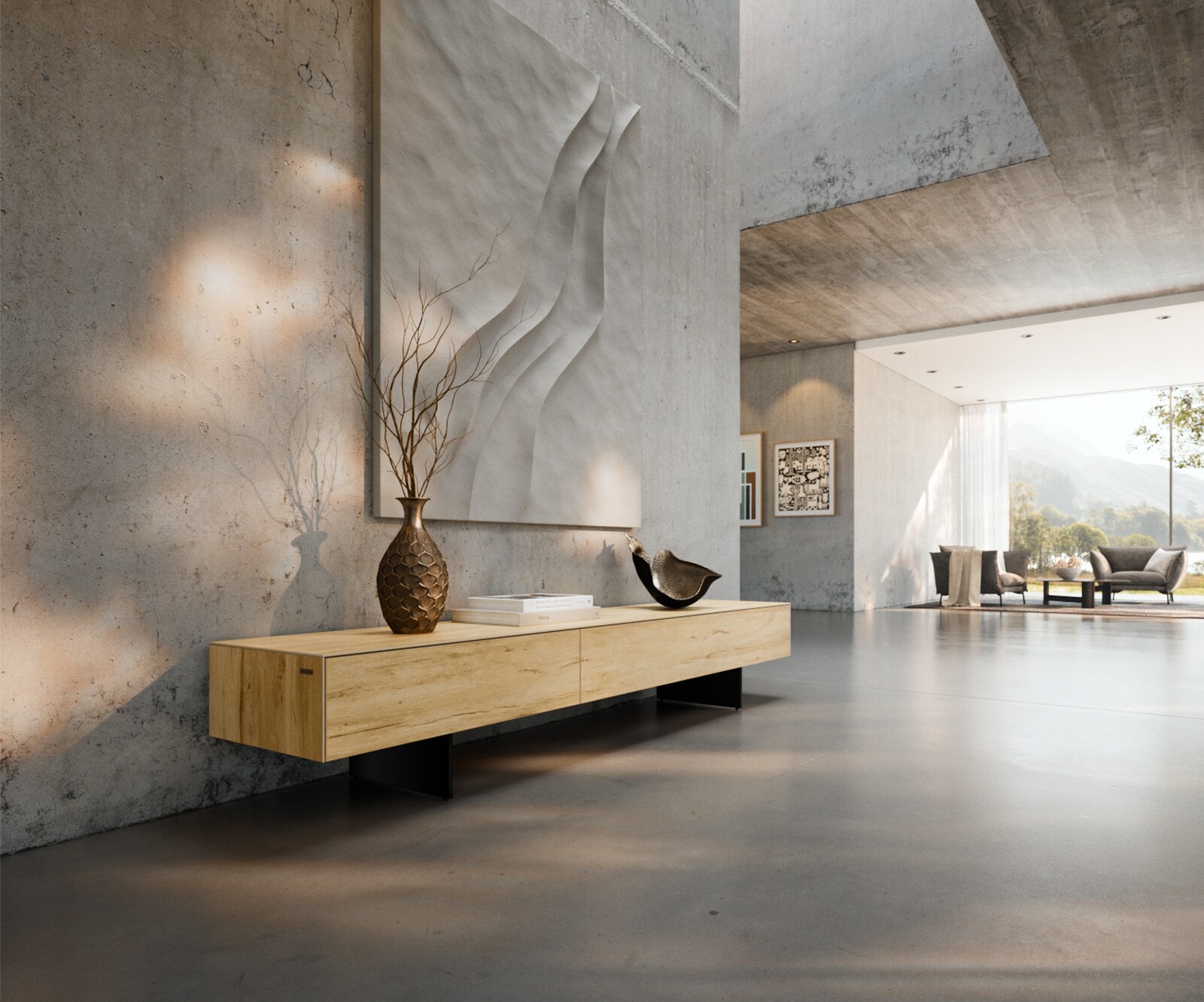 Tv-meubel Cuor 200 cm Keramiek Laminam® Sabbia Eiken gekleurd 1 Flap 1 Lade Zwevende voet look Metaal Zwart