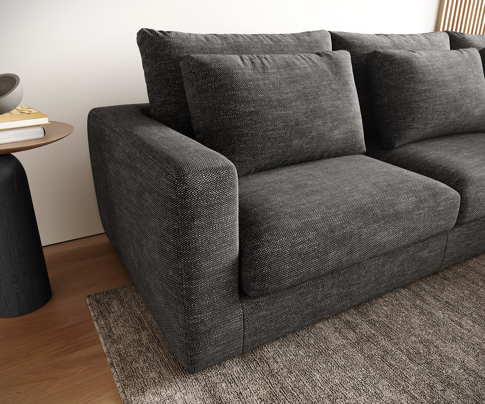 Hoekbank Isla 330x225 cm Chenille antraciet voetenbank rechts 4