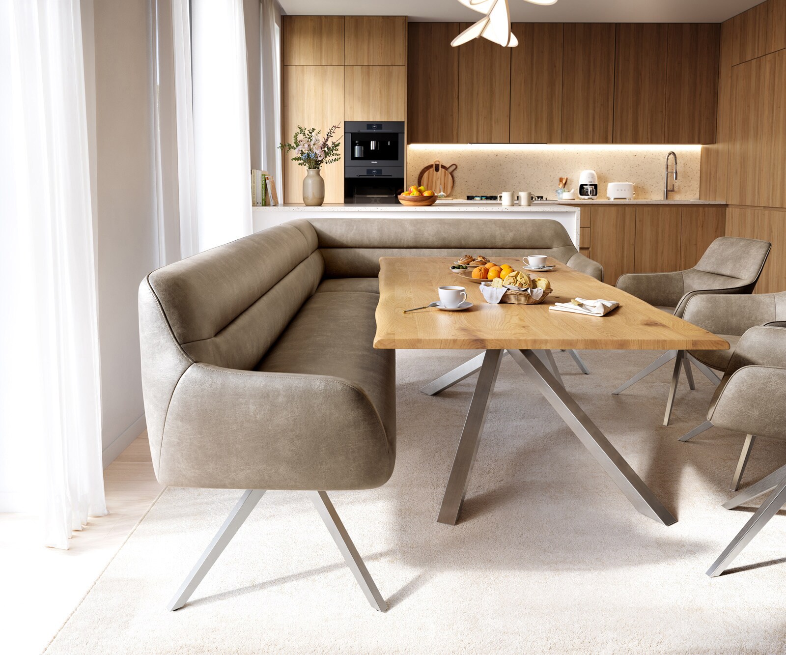 Eetkamerbank Taya-Flex 285x190 cm microvelours beige vintage hoekig kruisframe roestvrij staal pocketvering rechts 2