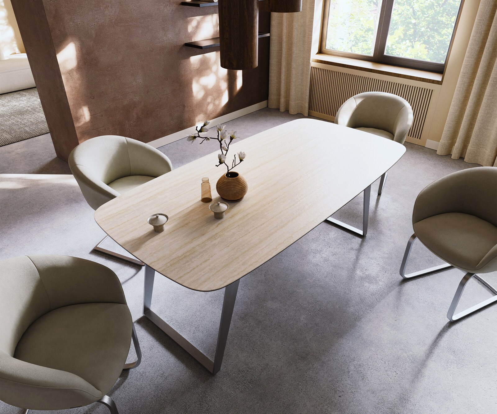 Eettafel Edge Boot 200x100 keramiek  Laminam® Travertino Bianco Creme-wit RVS Schräg 4