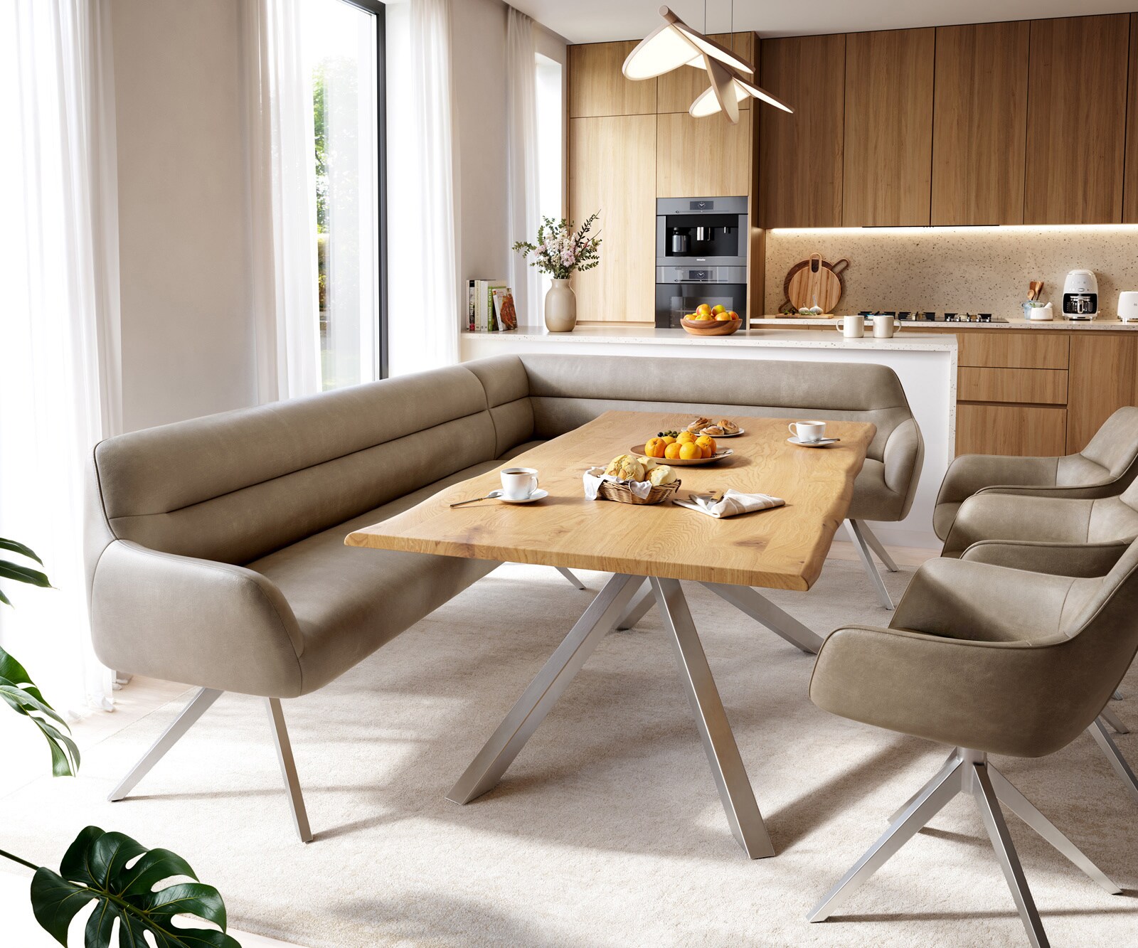 Eetkamerbank Taya-Flex 285x190 cm microvelours beige vintage hoekig kruisframe roestvrij staal pocketvering rechts 1