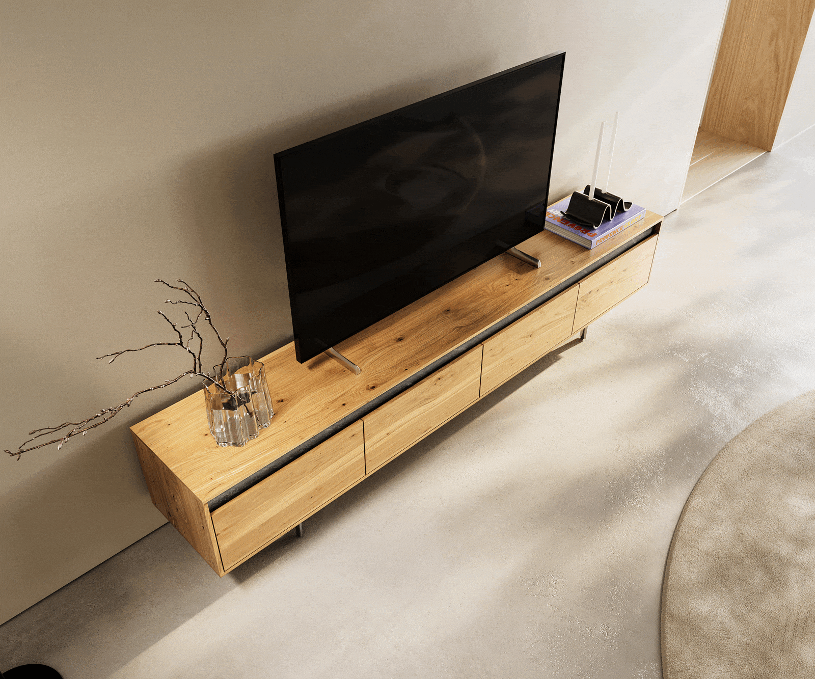 Design-tv-meubel Stonegrace 200 cm eiken natuur leisteen 4 laden onderstel ovaal rvs 3