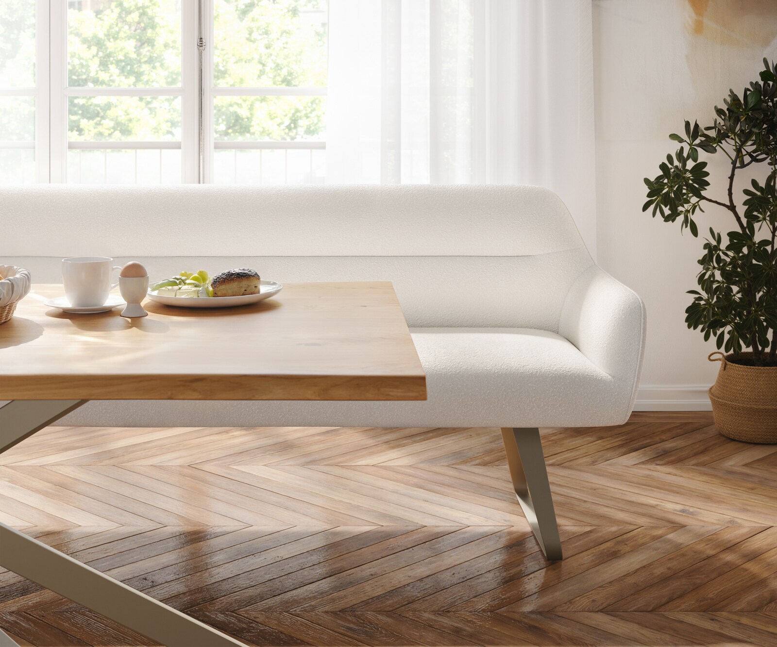 Eetkamerbank Taya-Flex 200 cm bouclé crème-wit platte sledebasis afwerking met titaniumeffect pocketvering 3