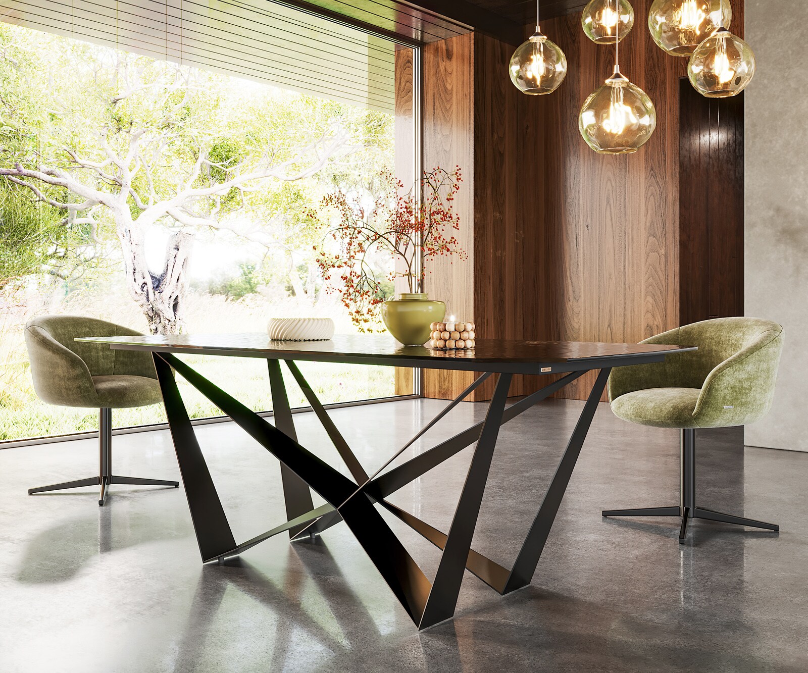 Eetkamertafel Edge Boot 200x100 Glas smelten rokerig zwart 3D-Relief spider vlak staal zwart 4
