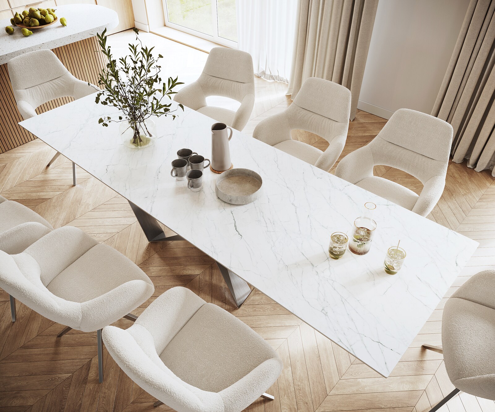 Eettafel Edge 300x100cm Laminam® keramiek wit middenpoot vlak staal zilver 2 Eettafel Edge 300x100cm Laminam® keramiek wit middenpoot vlak staal zilver 2