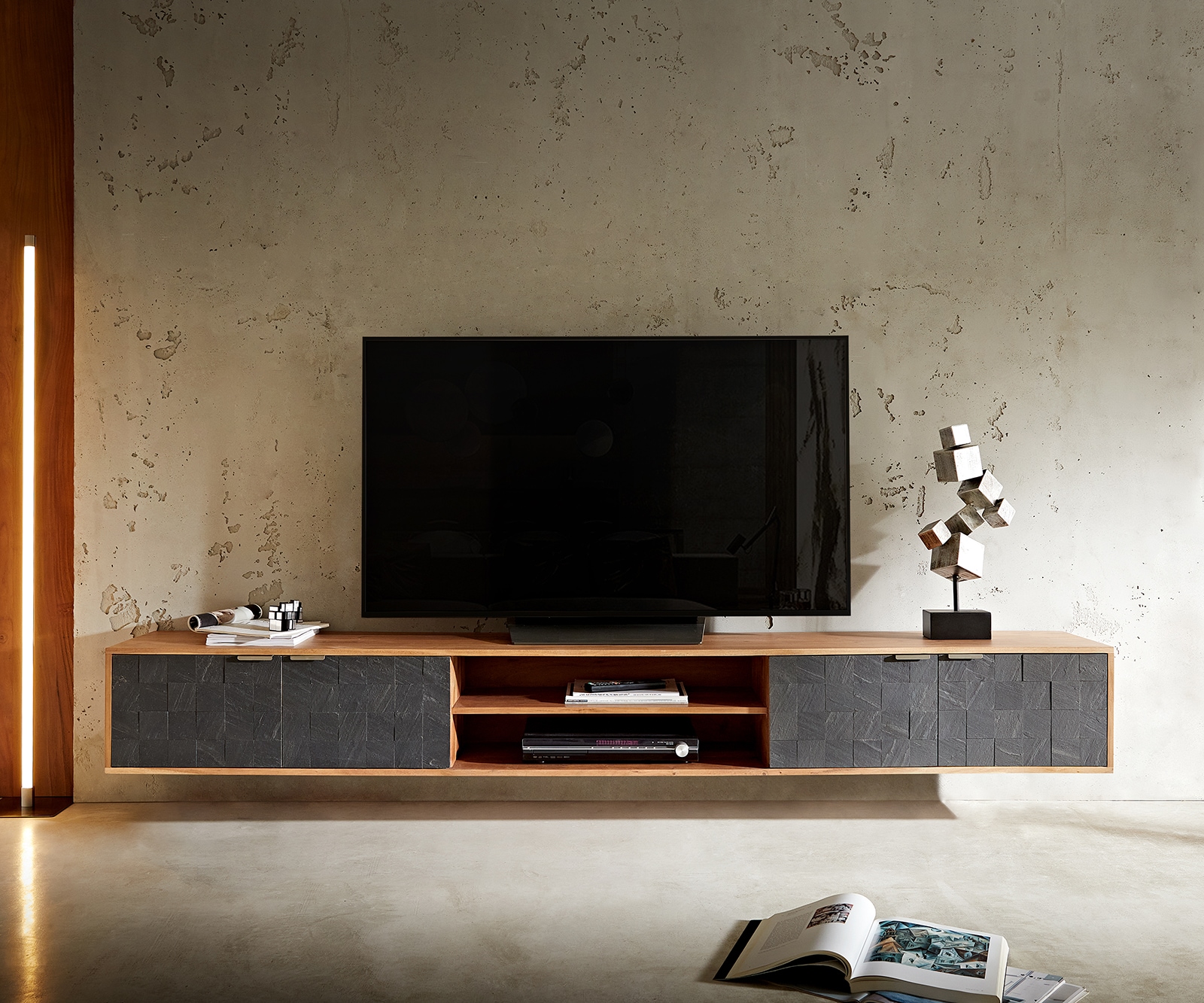 Tv-meubel Teele 240 cm acacia natuurleisteen 4 deurs zwevend 1 Tv-meubel Teele 240 cm acacia natuurleisteen 4 deurs zwevend 1