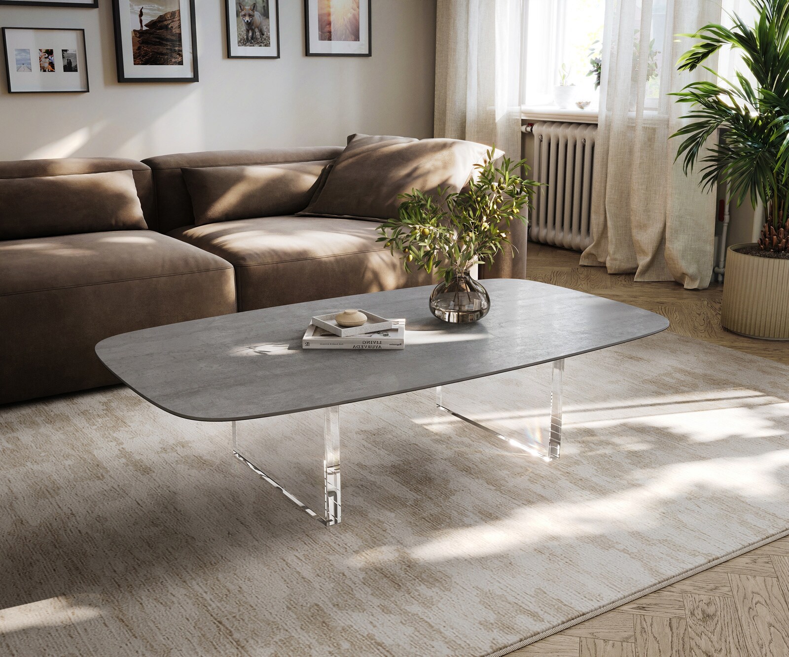 Salontafel Edge bootvormig 140x80 cm keramiek beton grijs Lumia acryl