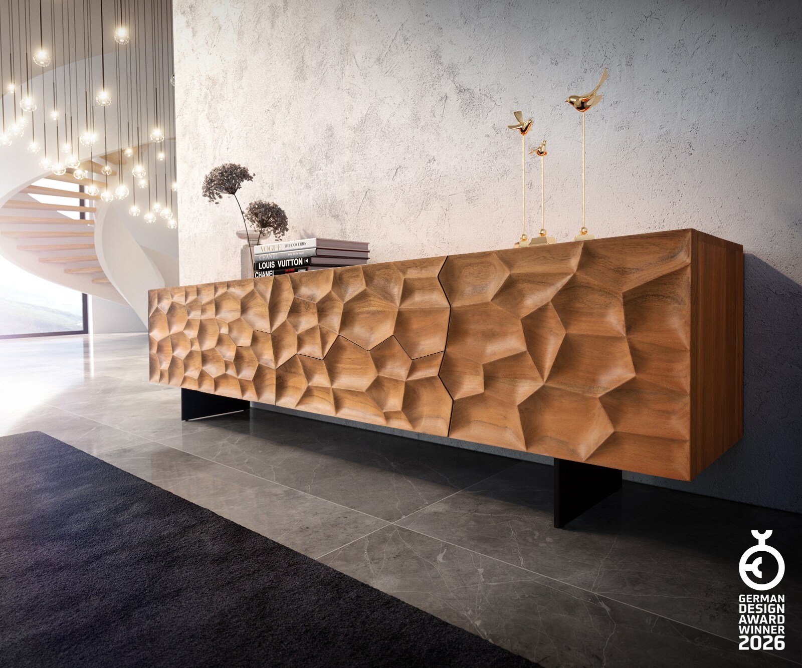 Tv-meubel Solu 220 cm acacia natuur 2 deuren 4 laden onderstel zwevend metaal zwart 3D front