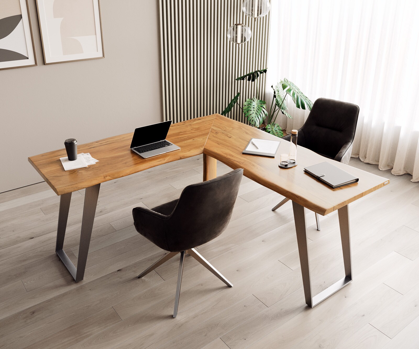 Bureautafel Live-Edge acacia natuur 180x180 frame zilver boomkant 5