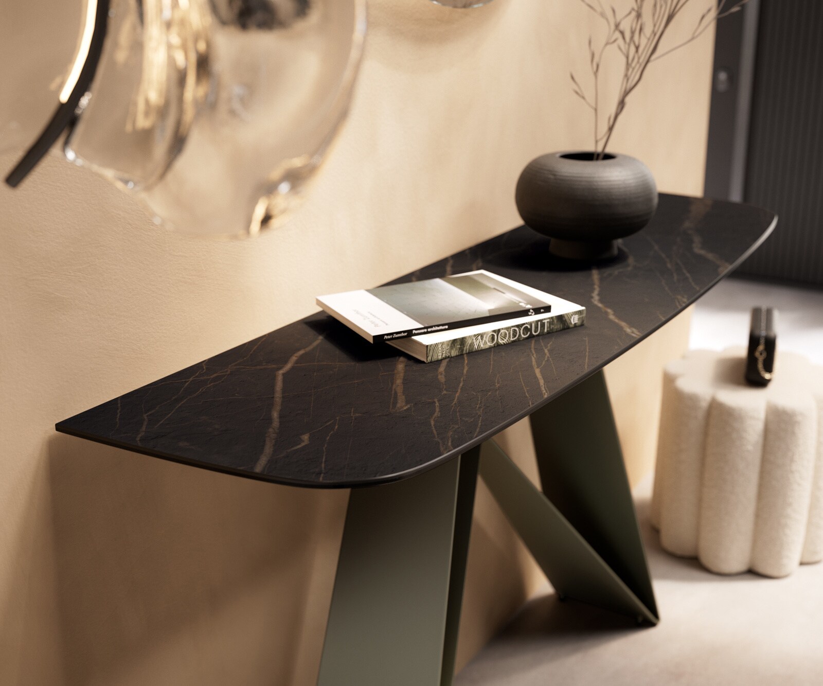 Consoletafel Edge Bootvorm 140x40 cm Keramiek Laminam® Noir Desir Braun Velio Metaal Effektfinish Titan 6