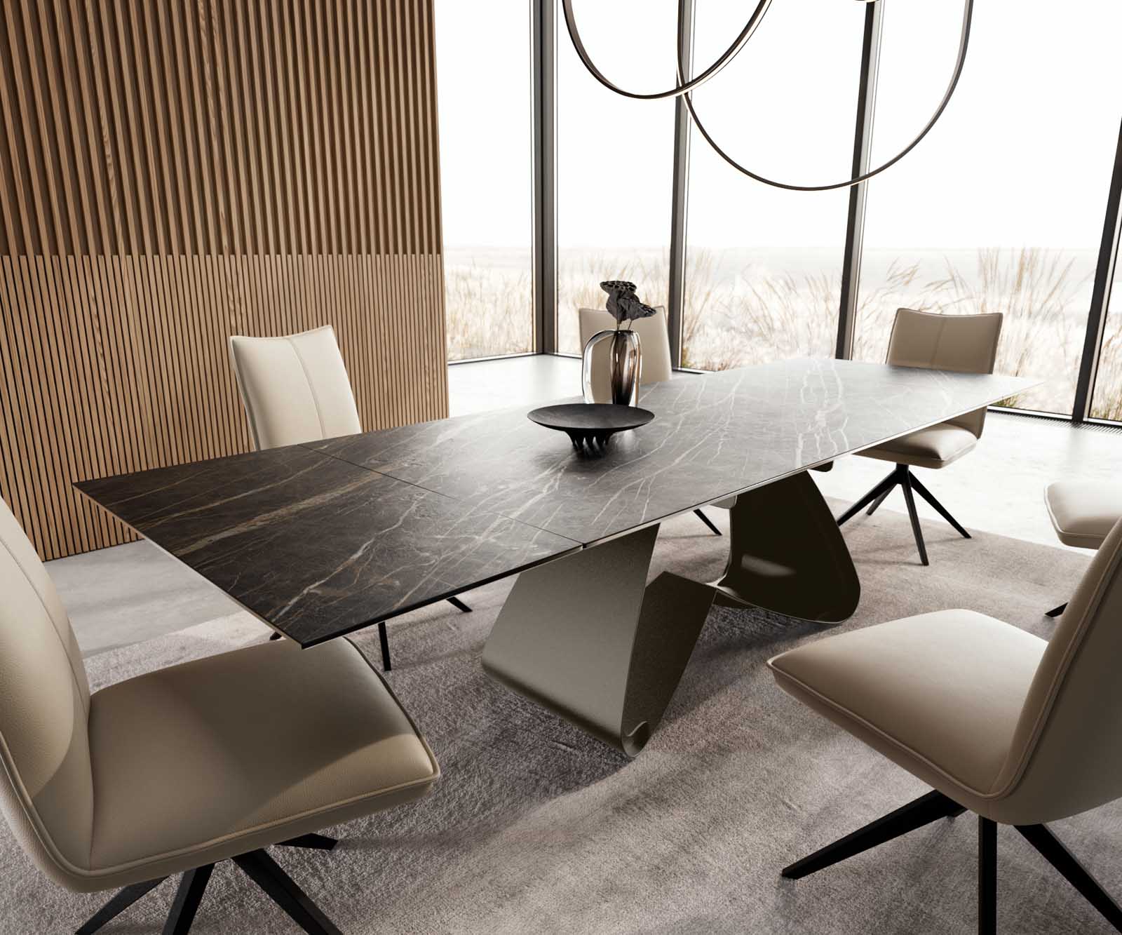 Eettafel Edge 200-300x100 Keramiek Laminam®Noir Desir Bruin W-frame Effectafwerking Titanium Uitbreidbaar 1