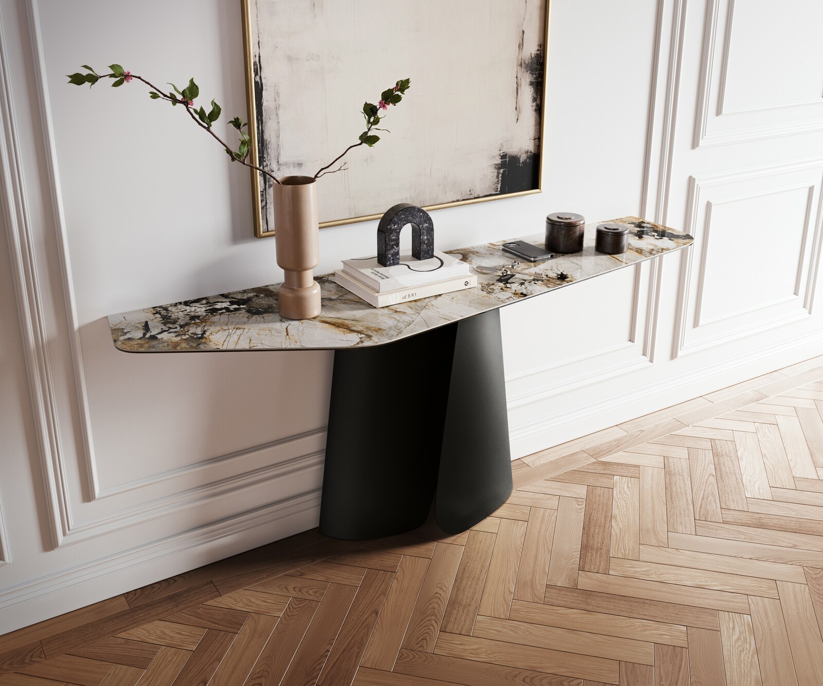 Consoletafel Edge Polygonaal 180x50 cm Keramiek Patagonia Poliert Livos Metaal Zwart