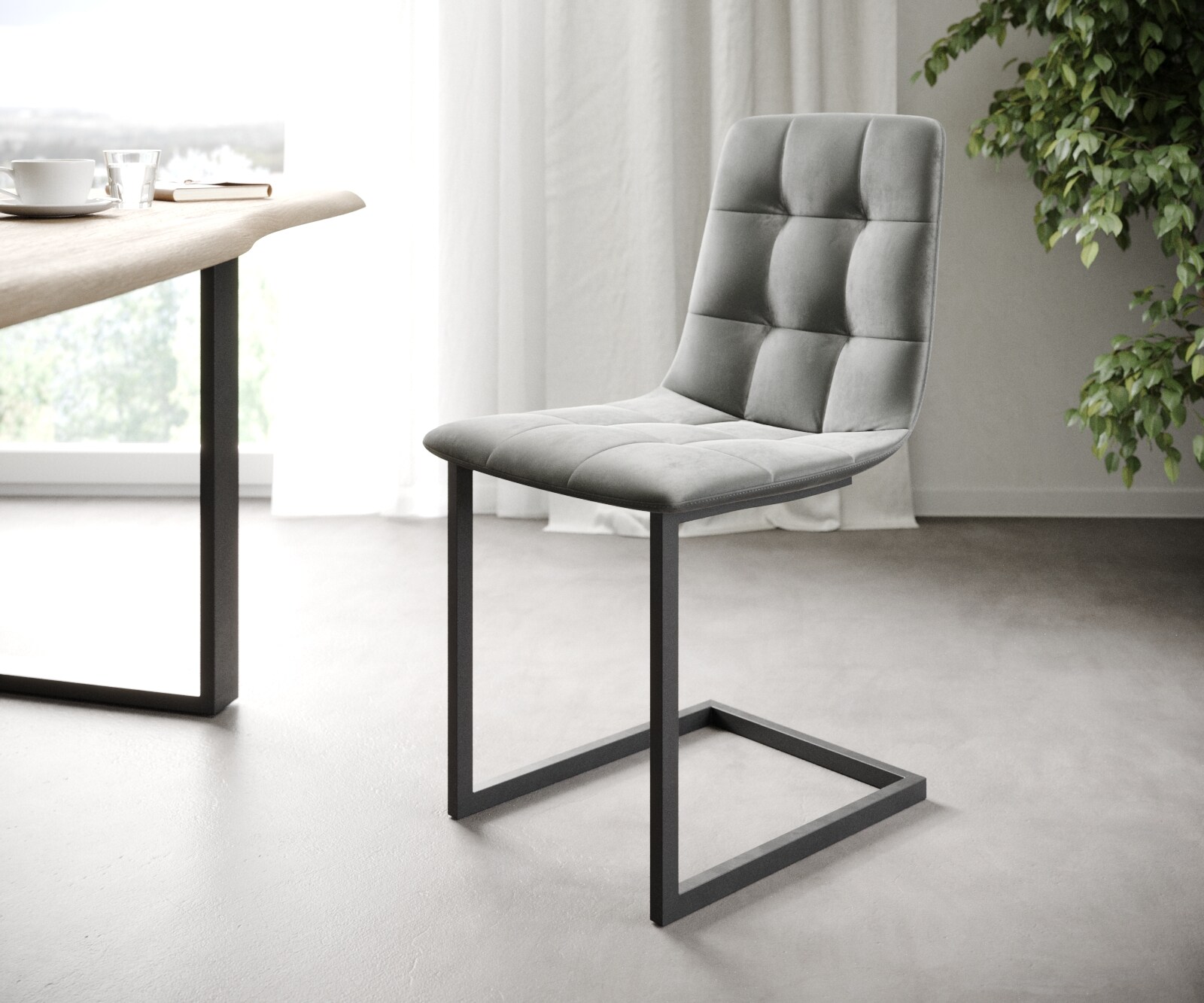 Set-van-4-Eetkamerstoel Caro-Adesso lichtgrijs fluweel sledemodel
