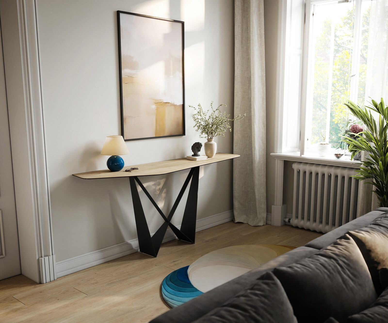 Consoletafel Edge Polygonaal 180x50 cm Keramiek Laminam® Sabbia Eichefarbig Spios Metaal Zwart 7