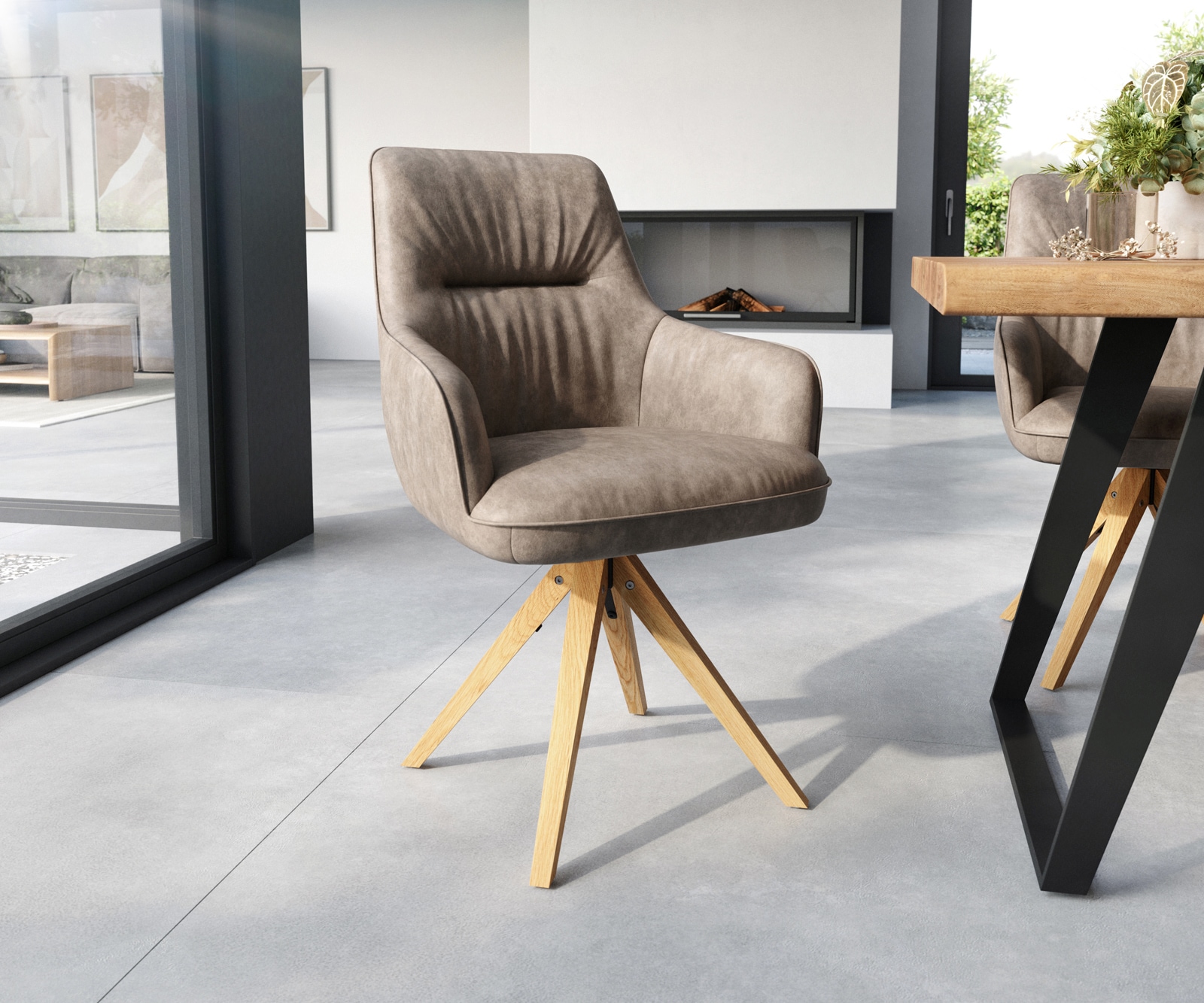 Eetkamerstoel Zelia-Flex met armleuning microvelours taupe vintage houten frame hoekig natuur pocketveer kern Eetkamerstoel Zelia-Flex met armleuning microvelours taupe vintage houten frame hoekig natuur pocketveer kern