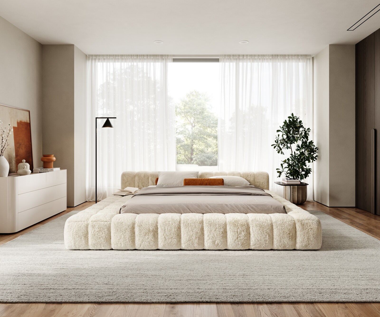 Gestoffeerd bedframe Espazio 180x200 cm Plüsch crème-wit 5