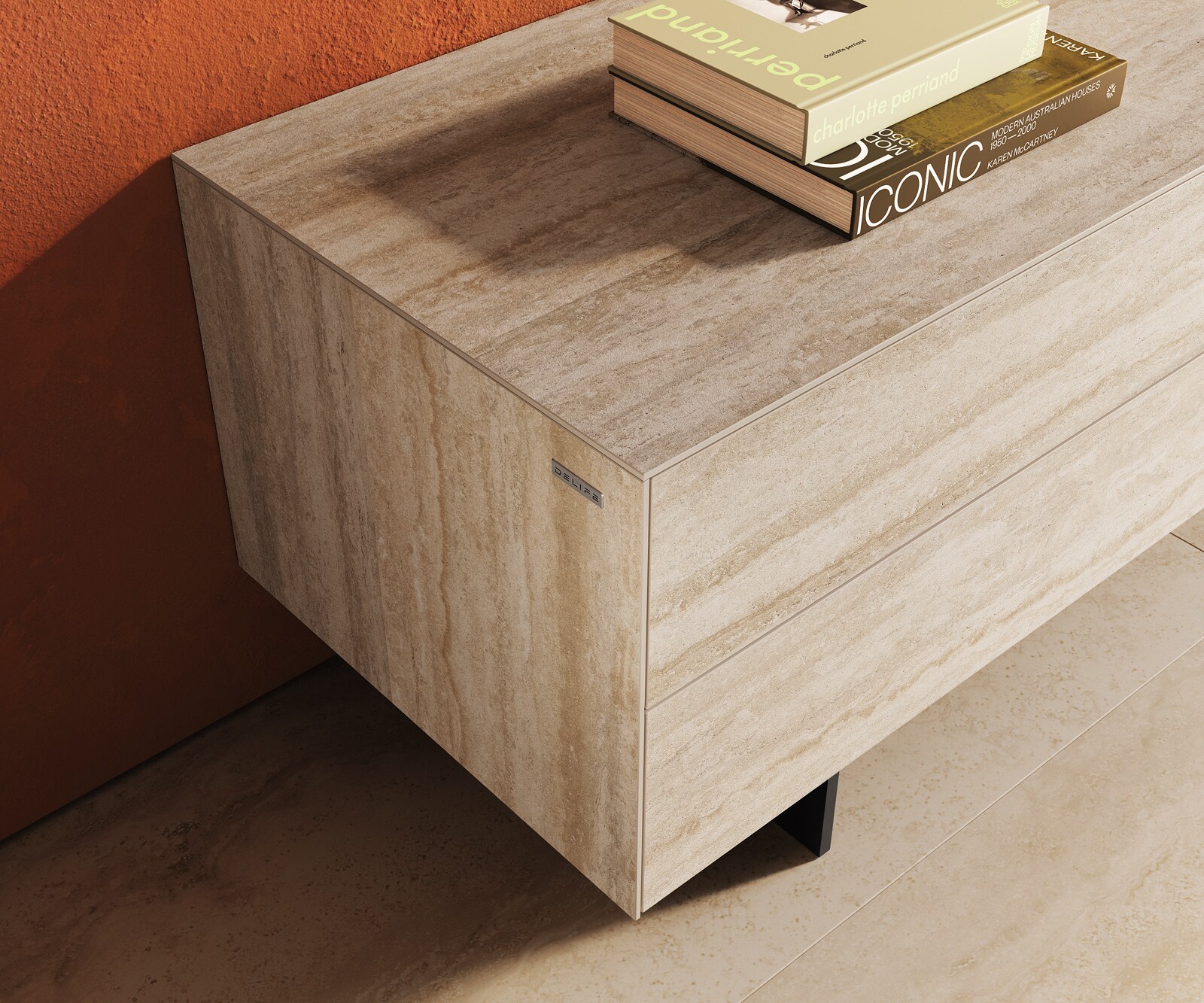 Tv-meubel Cuor 180 cm Keramiek Laminam® Travertino Bianco Crème-wit 1 Flap 2 Laden Zwevende voet look Metaal Zwart 6