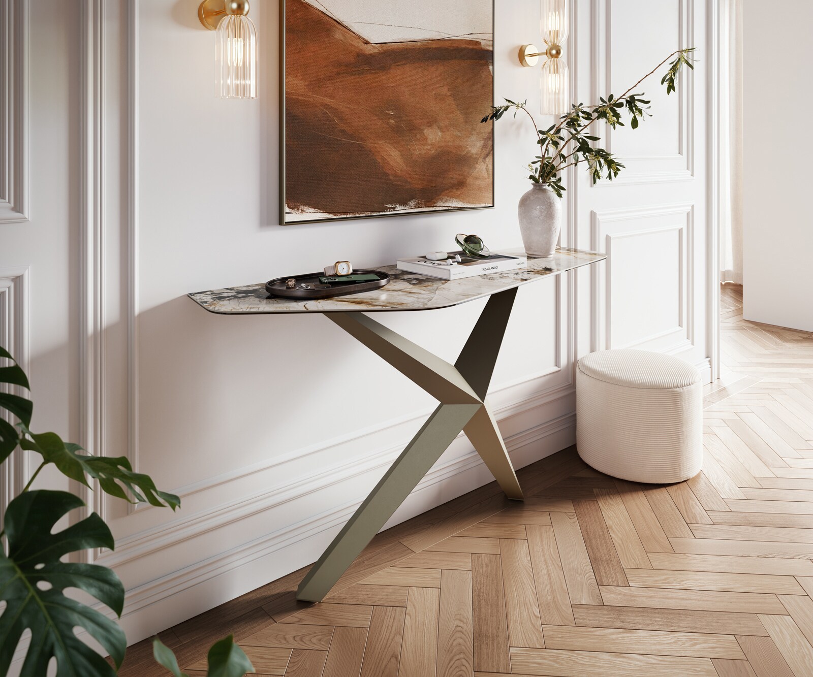 Consoletafel Edge Polygonaal 140x50 cm Keramiek Patagonia Poliert Zentharo Metaal Effektfinish Titan 1