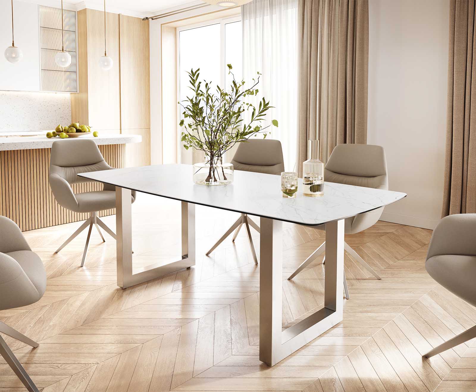 Eettafel Edge Bootsform 200x100 keramiek Laminam® Statuarietto wit roestvrij staal breed Eettafel Edge Bootsform 200x100 keramiek Laminam® Statuarietto wit roestvrij staal breed